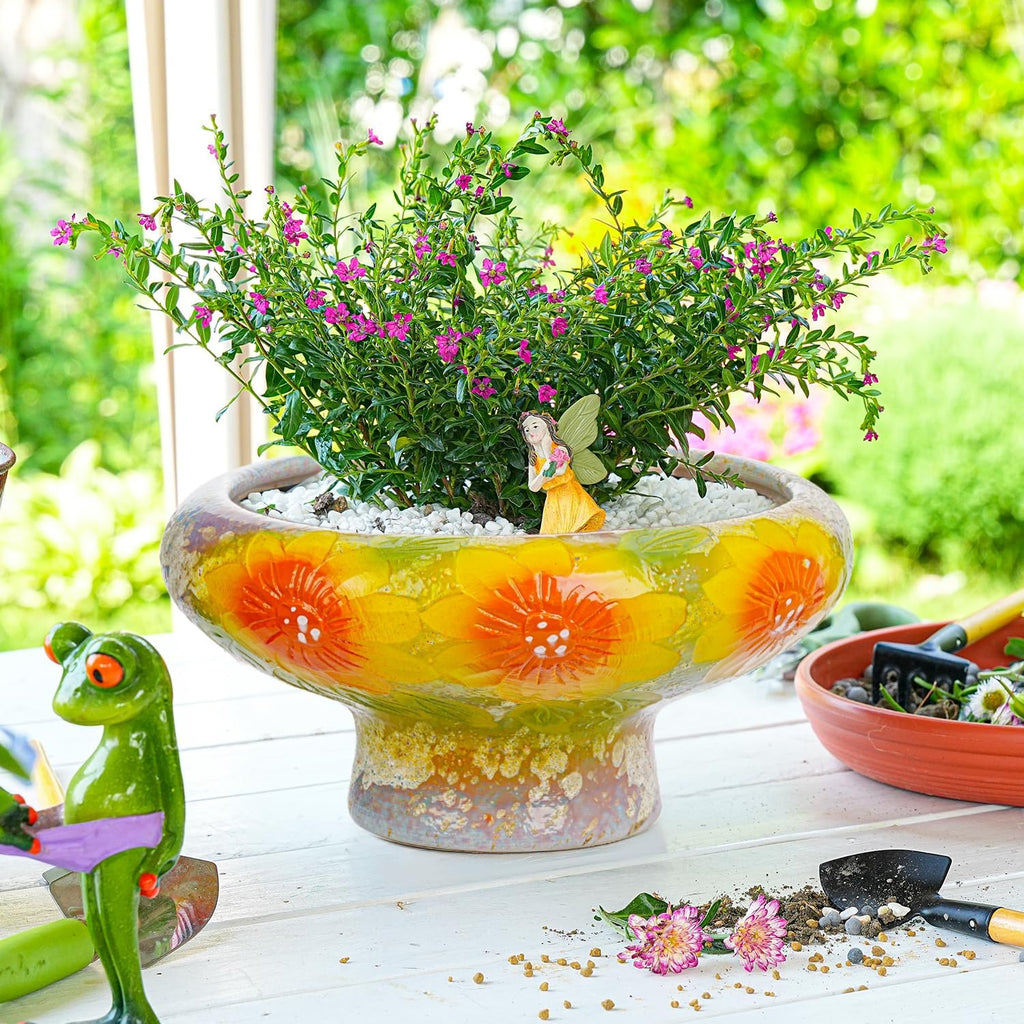 Sungmor 9.6 Inch Large Succulent Plant Pots, Pretty Hand Painted Ceramic Planter with Drainage, Indoor Outdoor Cactus Planter Bonsai Pot, Flower Pot for Indoor Plants Garden Windowsill Desktop Decor