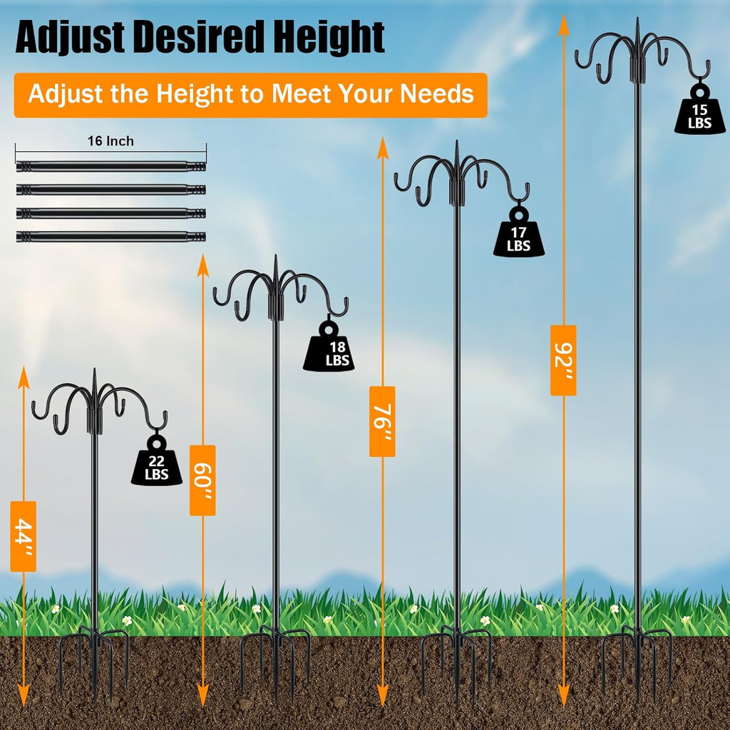 FEED GARDEN 92 Inch Adjustable Shepherd Four Hooks with Squirrel Baffle Heavy Duty Garden Hooks 5-Prong Base Bird Feeder Pole for Hanging Plant Baskets Solar Lights Lanterns
