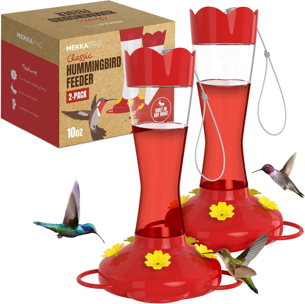 MEKKAPRO Two-Pack Hummingbird Feeders for Outdoors Hanging Made from Glass, 10oz, Hanging 5 Nectar Feeding Stations, Top Fill Hummingbird Feeder, Bright Red, Backyard Feeder (10 Ounce - 2 Pack)