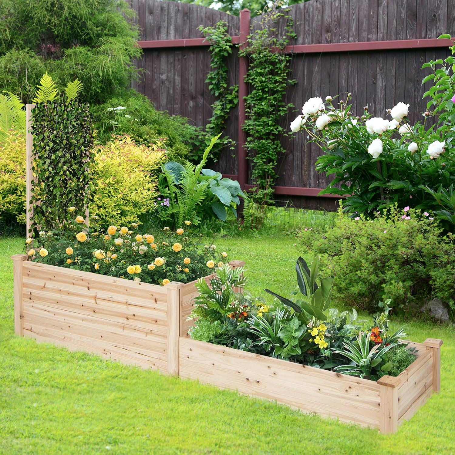 HAPPYGRILL Raised Garden Bed with Trellis, Wood Garden Box w/Open Base Design & 2 Compartments, Outdoor Wooden Planter Box Kit for Vine Climbing, Fruits, Vegetables, Flowers, Herbs, 88" x 25" x 53"