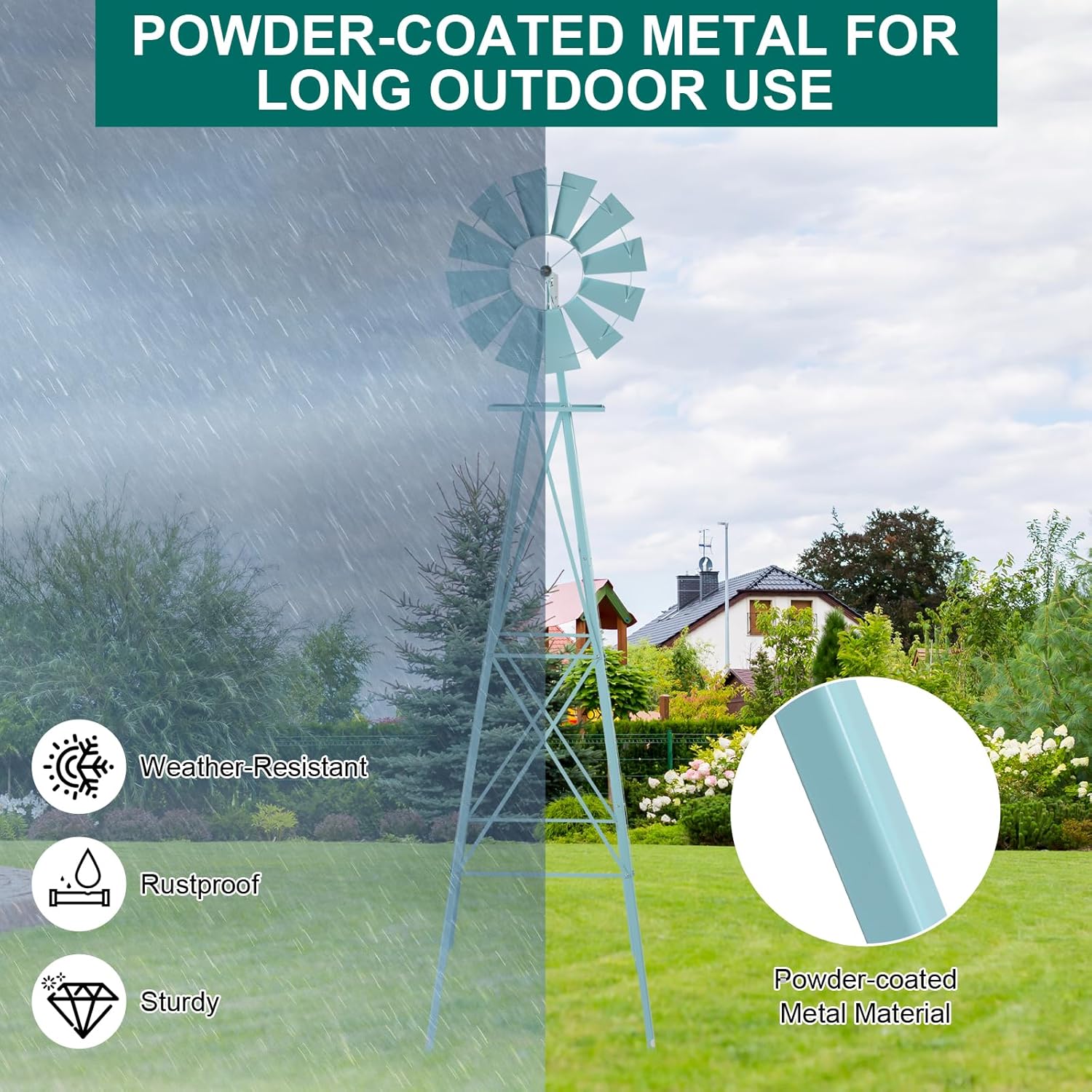 VINGLI 8FT Ornamental Windmill Backyard Garden Decoration Weather Vane, Heavy Duty Metal Wind Mill w/ 4 Legs Design,Light Blue