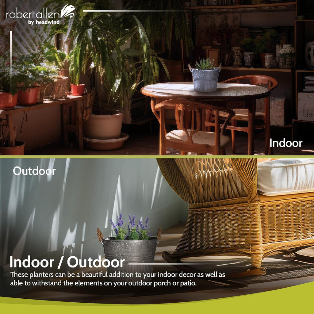 Headwind Round Galvanized Bucket w/Rope Handles – 10 Inch Metal Tub Bucket Planter for Outdoor Plants with Drainage Hole – Galvanized Large Outdoor Planters Buckets by Robert Allen