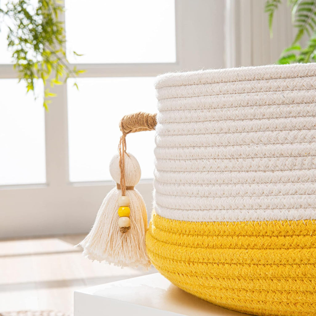 KAKAMAY Woven Baskets for Storage(16"x8"),Blanket Basket for Organizing Living Room,Cotton Rope Basket Woven Baby Laundry Hamper,Collapsible Laundry Room Organization,Clothes,Toy Chest(Yellow)