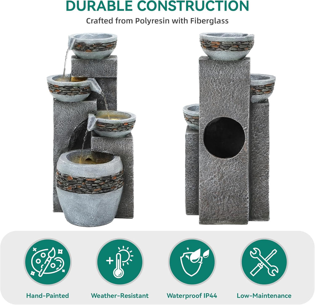 19.5" Tall 4-Tier Pedestal Outdoor Water Fountain with LED Lights and Pump, Relaxing Garden Fountain Waterfall for Patio, Porch, or Yard