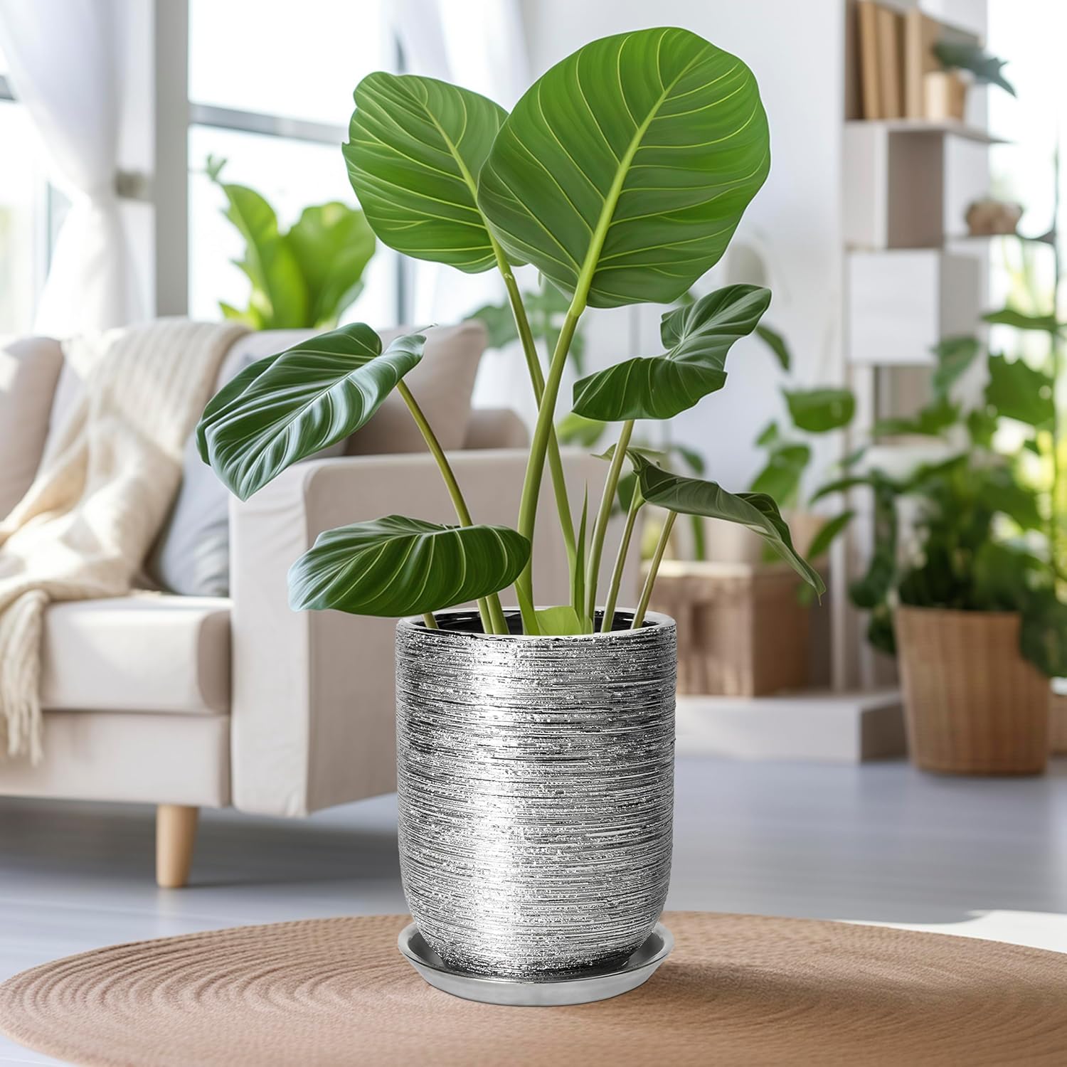 Ceramic Flower Pot for Plants - 8 Inch Plant Pot Indoor with Drainage Hole and Saucer, Cylinder Modern Outdoor Round Planter, Gardening Gifts for Women Men, Garden Office Decor, Silver