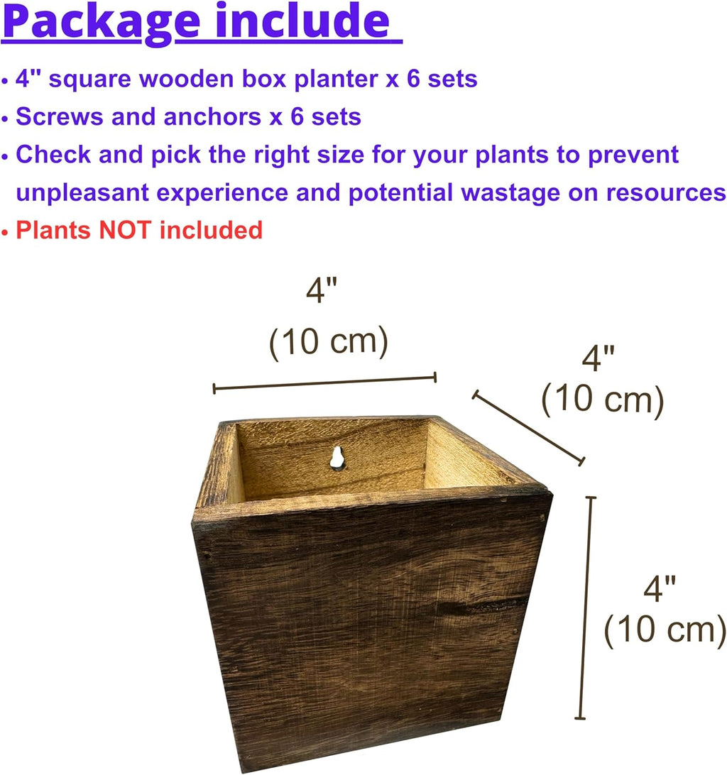 LaLaGreen Wood Planter Boxes for Indoor Plants (4x4 Inch, 6 Pack) Small Square Wall Mounted Planters Flower Pot, Herb Wooden Box Hanging Plant Holder Outdoor Balcony Vertical Garden Modern Home Decor