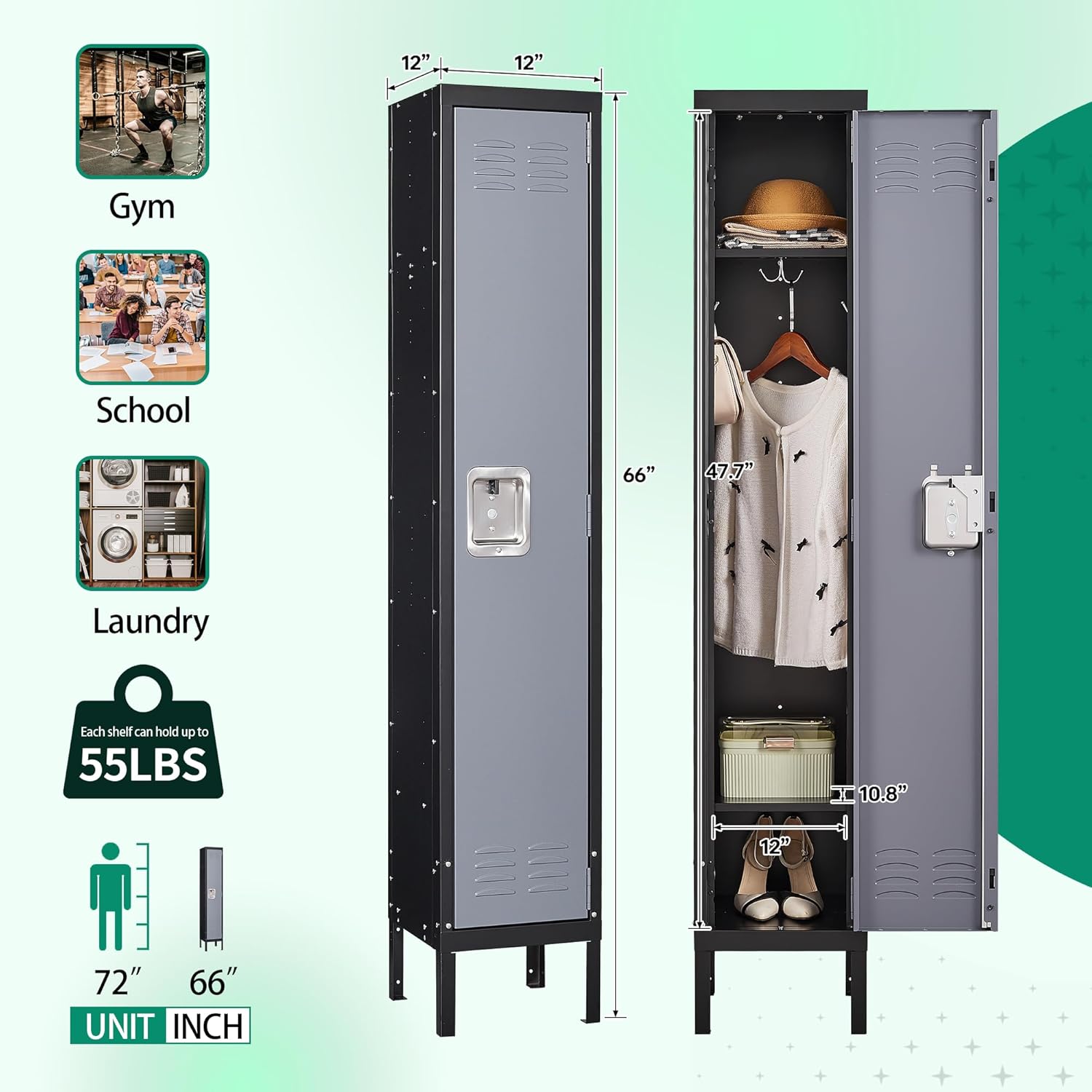 Letaya Metal Locker for Employees,Lockable Clothes Storage Steel Organizer Cabinet for Work,School,Gym,Home,Office,Staff,Kid Room (1 Door-Black Gray)