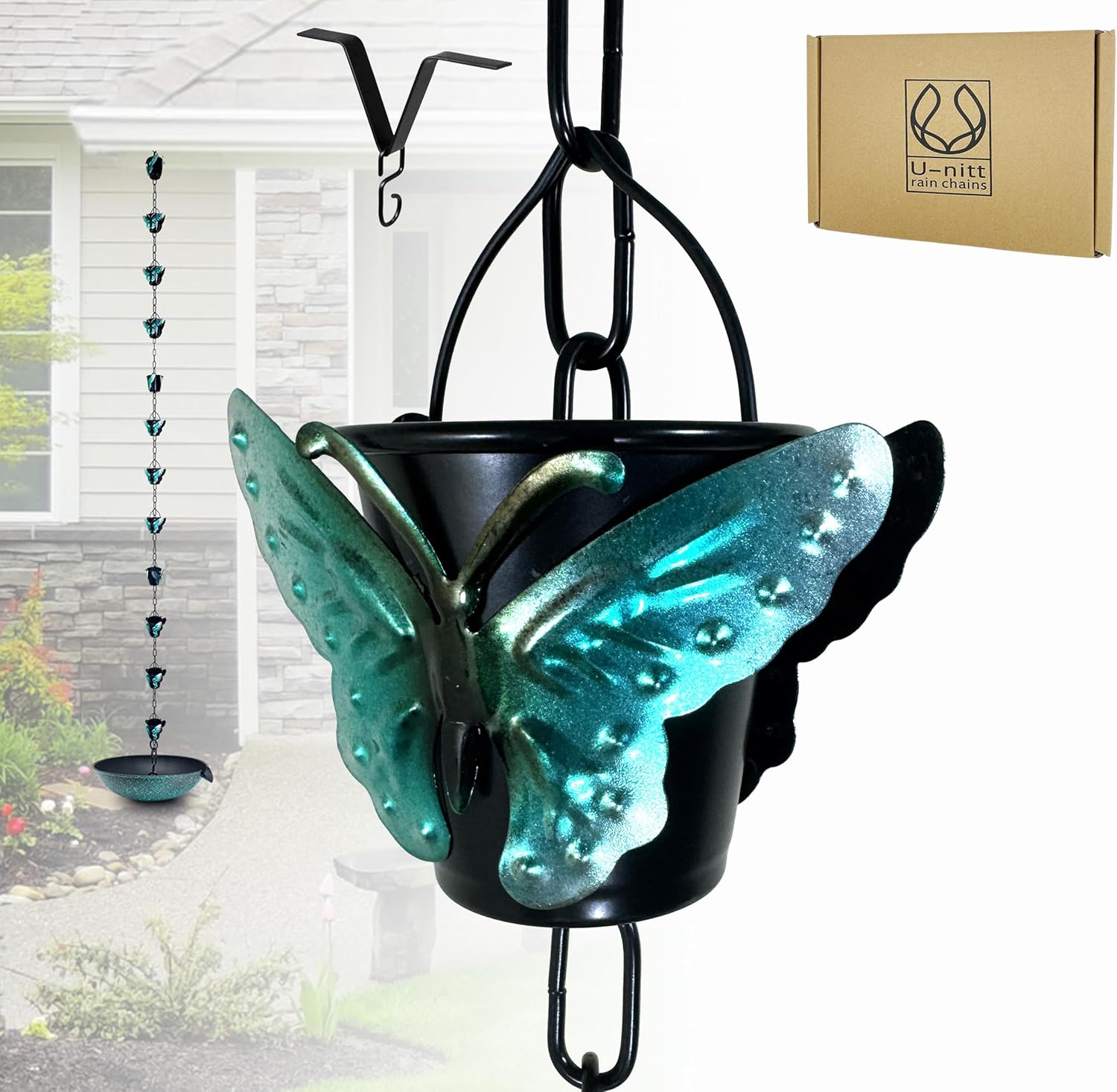 Rain Chain Water Collection for Gutters, Rainwater Catcher & Diverter, 8.5 FT Chains for Outside Garden, Butterfly Bucket Cups, Roof Downspout, Works with Heavy Rain, w/ Gutter Clip for Rainchains