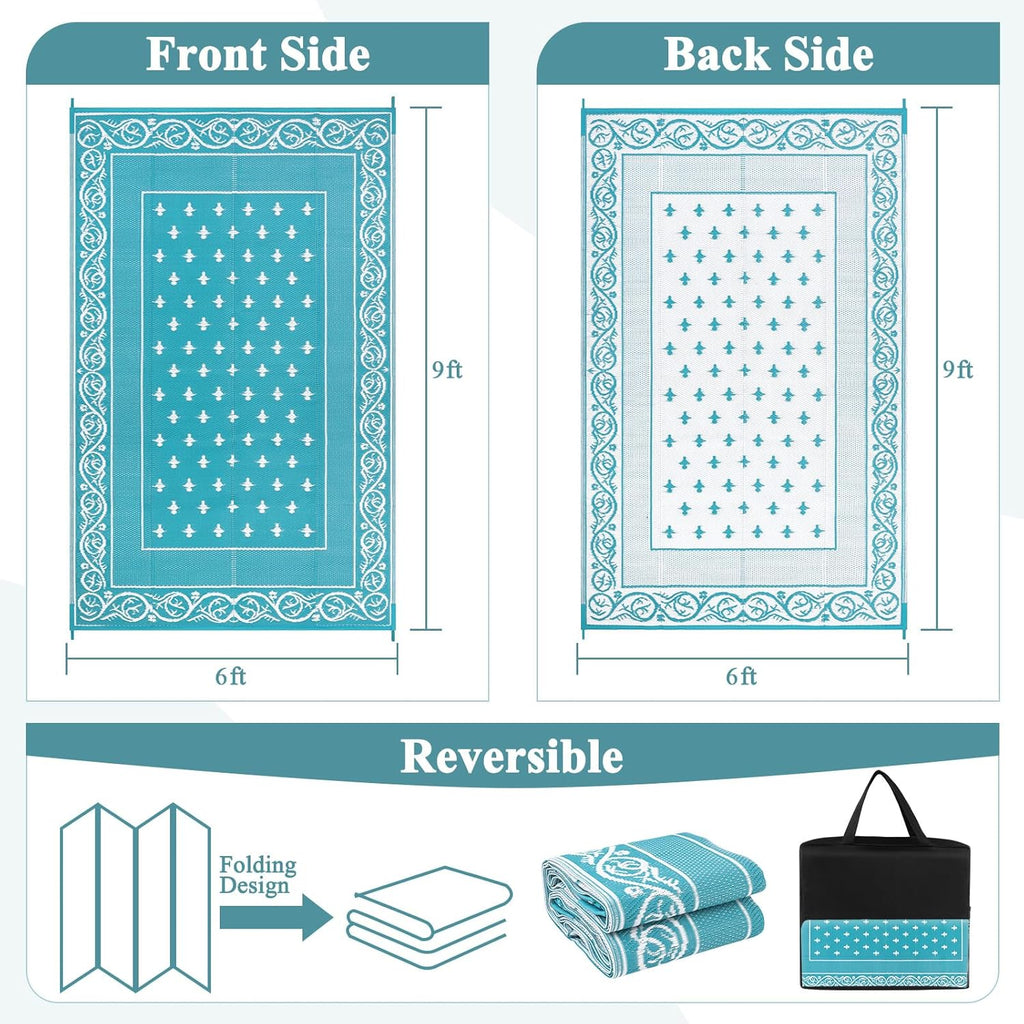 Pauwer Waterproof Outdoor Rug 6x9, Reversible Plastic Straw Patio Camping Rug, Indoor Outdoor RV Mat Carpet for Deck, Camper, Porch, Balcony, Backyard, Picnic, Bordered Teal