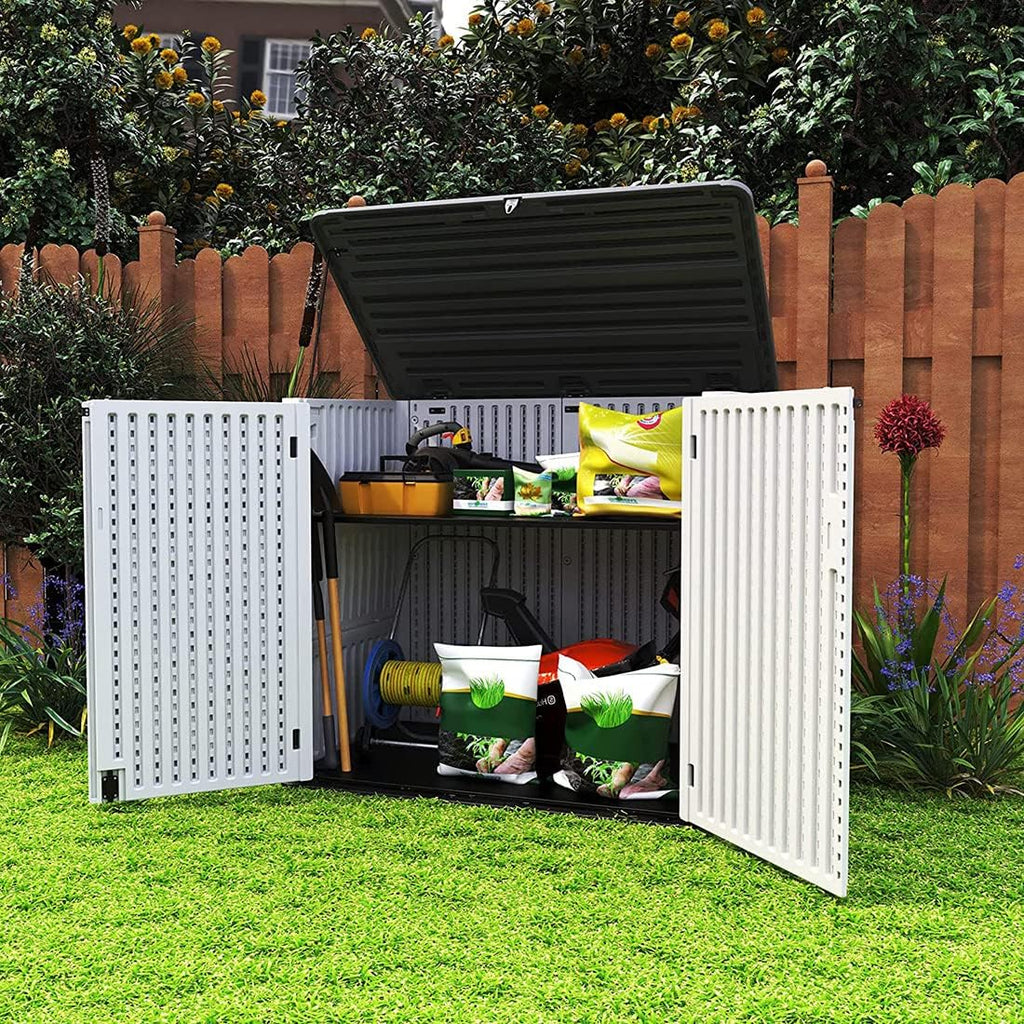 KINYING Larger Outdoor Storage Shed Weather Resistance, Horizontal Outdoor Storage Box Waterproof for Garden, Patios, Backyards, 48 Cu.ft Capacity for Garbage Cans, Lawn Mower, Garden Tools