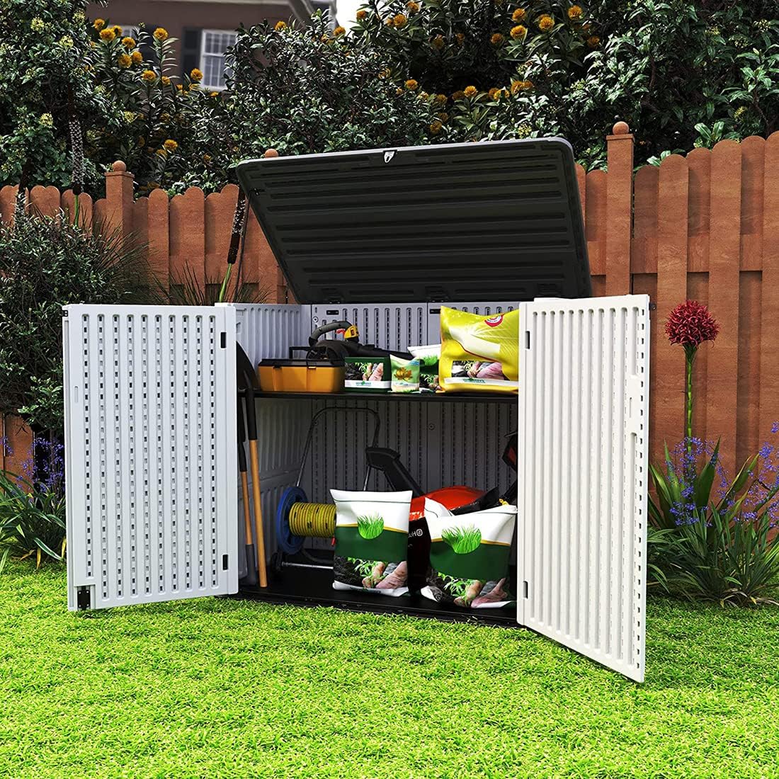 KINYING Larger Outdoor Storage Shed Weather Resistance, Horizontal Outdoor Storage Box Waterproof for Garden, Patios, Backyards, 48 Cu.ft Capacity for Garbage Cans, Lawn Mower, Garden Tools