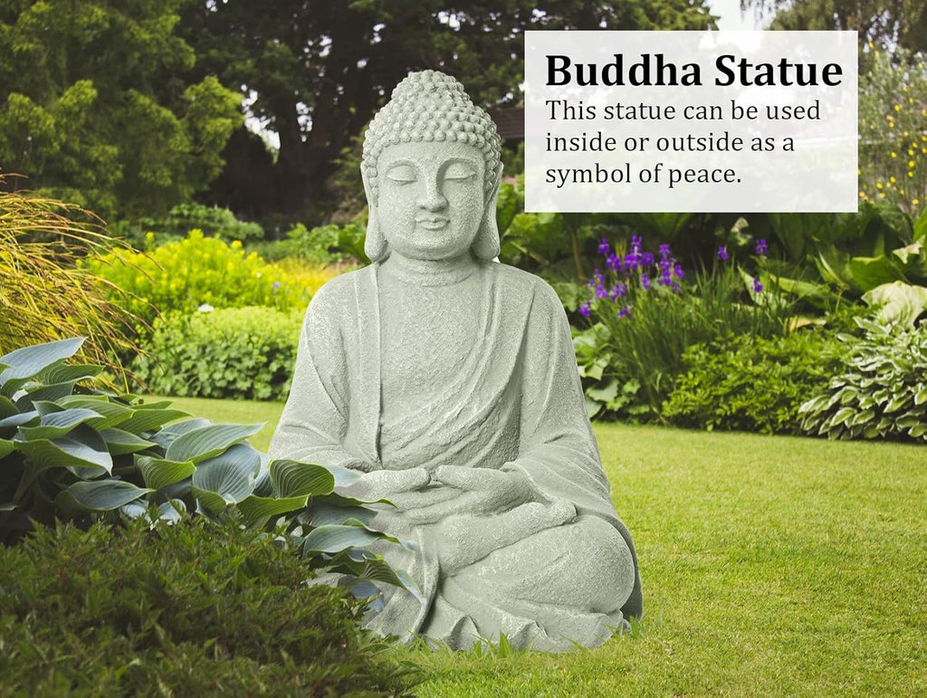TOETOL Zen Garden Asian Buddha Statue Outdoor Indoor Yard Decor 20” High Patio Deck Sculptures Magnesium Oxide Stone Grey Home Entryway Hallway