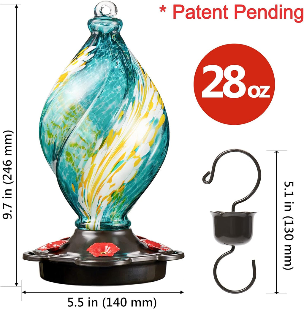 LUJII Ice Cream Shaped Spiral Hummingbird Feeder for Outdoors Hanging, Hand Blown Glass, 28 fl.oz, Leak Proof & Rustproof, Includes an Ant Moat with Hook, Unique & Stylish Glass Art & Decor (Teal)