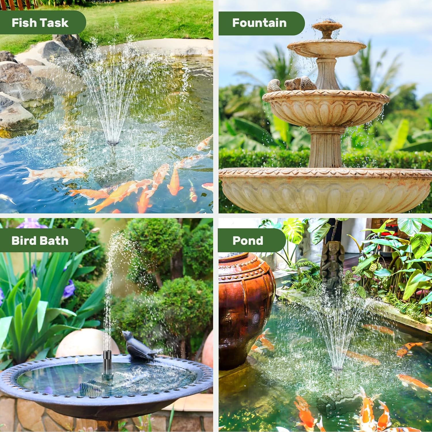 Antfraer Solar Fountain Pump Built-in 3600mAh Battery Backup, 8W Solar Water Pump for Bird Bath with Dry-Run Protection & Double-Layer Nozzles & 5Ft Tubing for Bird Bath Pond Water Features