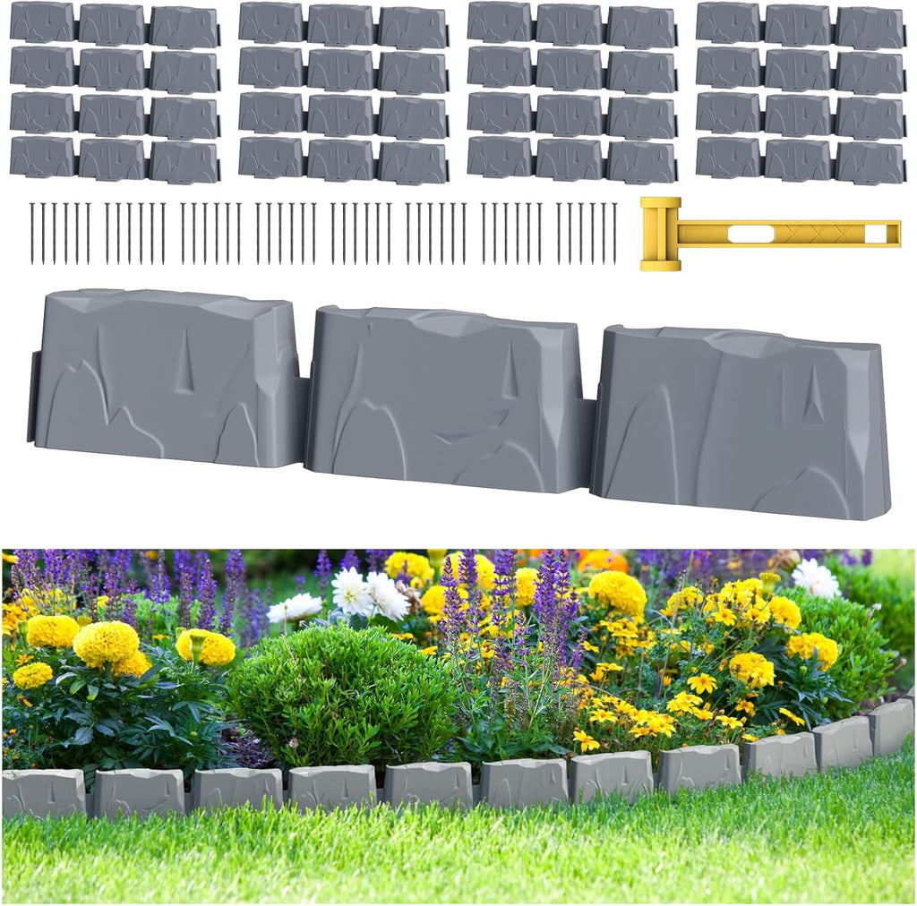 16Pcs Landscape Edging(24 Foot) with 48 Pieces 8-inch Spikes | 3 Inch Tall Faux Stone Edging for Landscaping | Faux Stone Edging Bricks for Flower Bed,Lawn,Yard,Weed Barrier(Dark Grey)