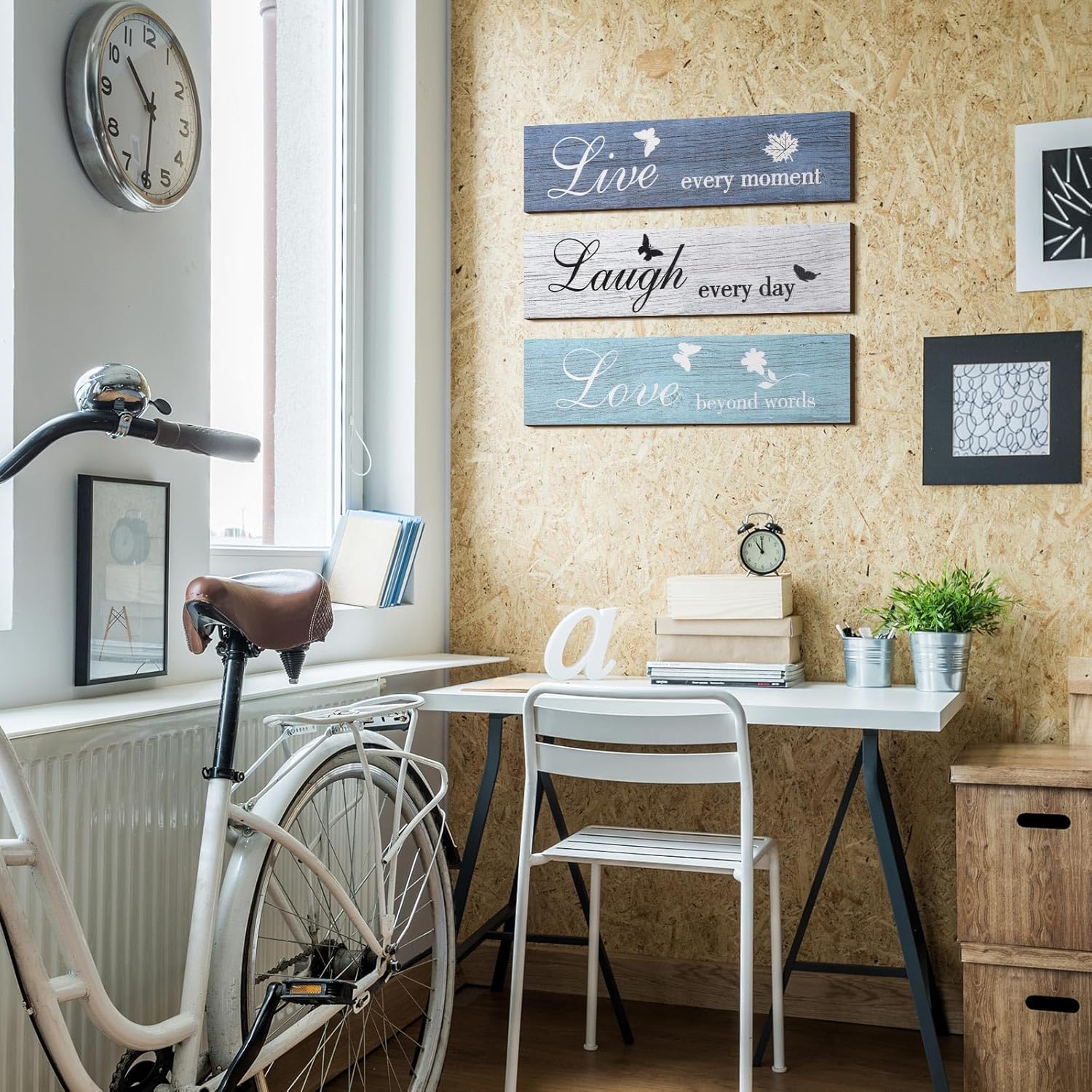 Jetec 3 Pieces Rustic Wood Sign Wall Decor Live Love Blessed Family and Love Quote Sign Farmhouse Wall Mount Decoration for Home Kitchen Living Room, 12 x 3 x 0.2 Inch(Blue Series,Classic)