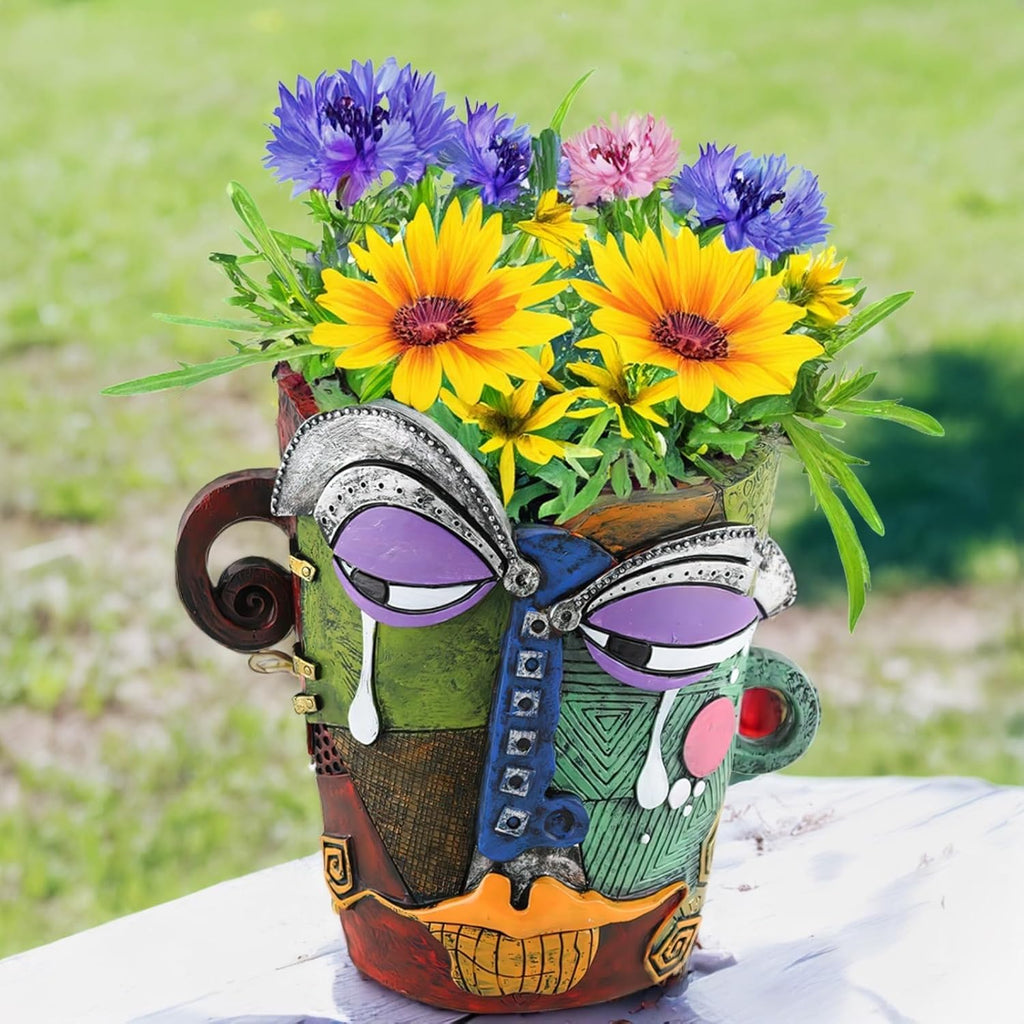 Picasso-Inspired Abstract Face Flower Pot | Unique Head Planter with Drainage Hole | Vibrant Colors & Quirky Art Decor (Tears)