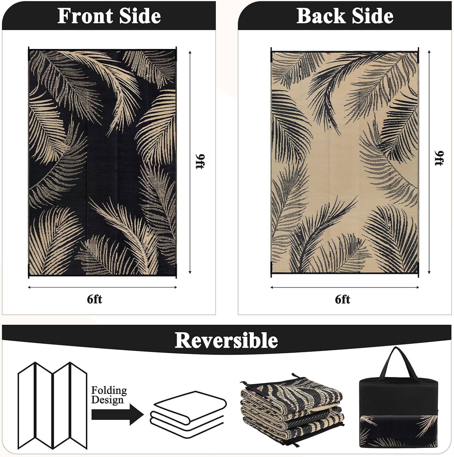 Pauwer Waterproof Outdoor Rug 6x9, Reversible Plastic Straw Patio Camping Rug, Indoor Outdoor RV Mat Carpet for Deck, Camper, Porch, Balcony, Backyard, Picnic, Leaf Black Brown