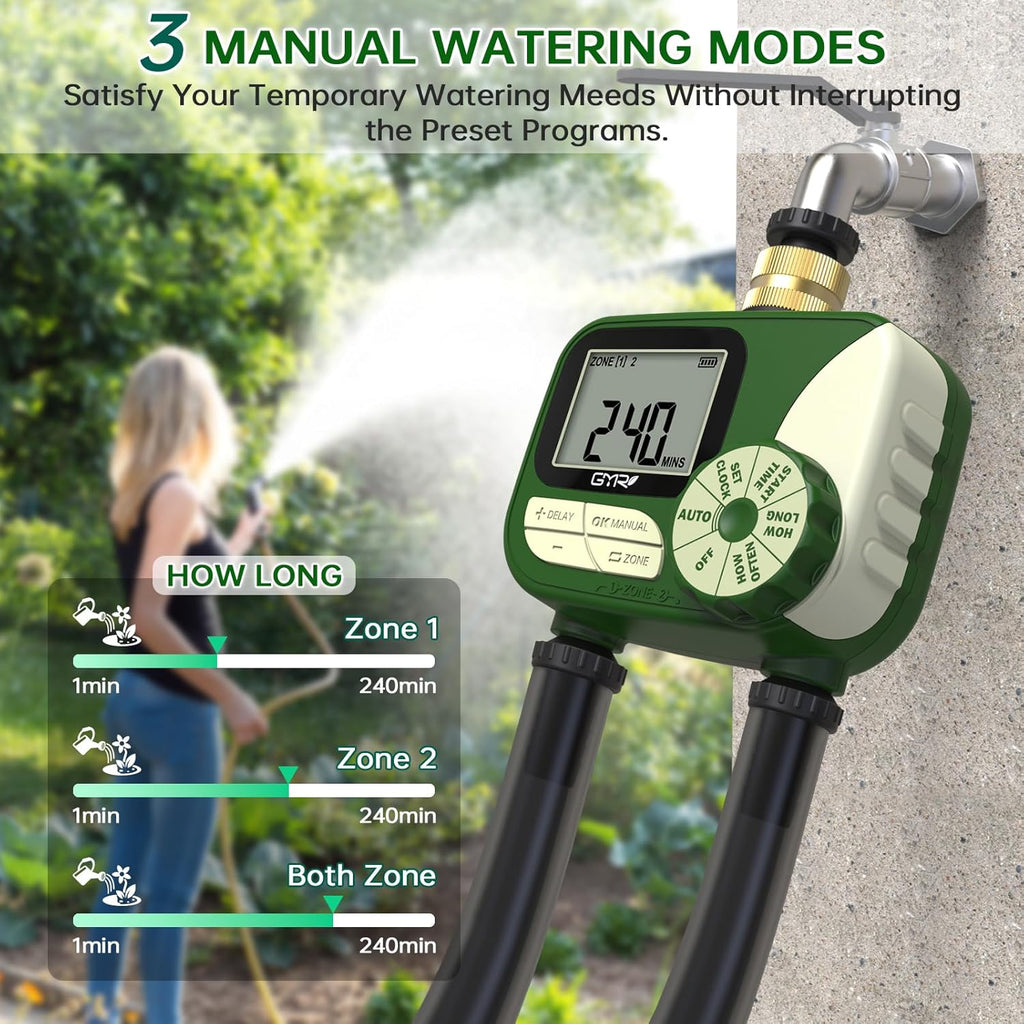 GMR Hose Timers for Watering, Sprinkler Timer Outdoor with Brass Inlet, Water Timer for Garden Hose with Rain Delay/Manual/Auto Irrigation System, Programmable Garden Hose Timer for Yard, 2 Outlet