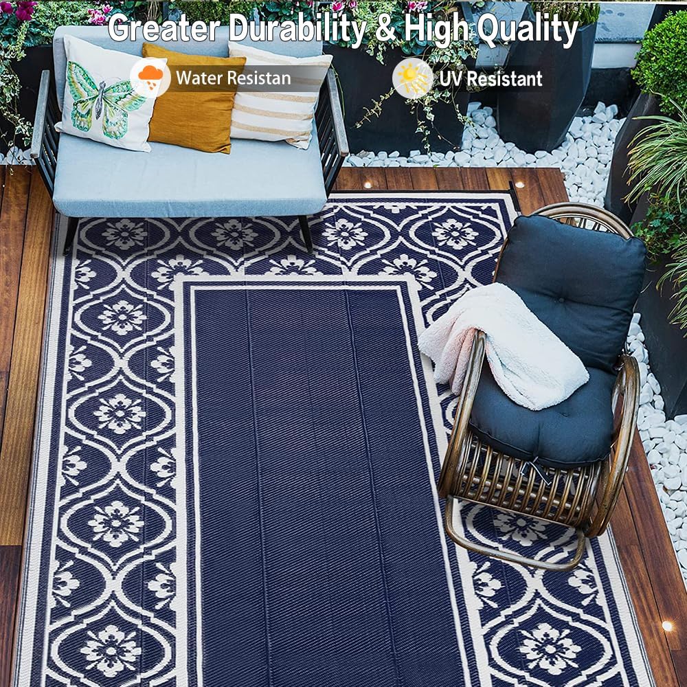 Outdoor Rug 8x10 Patio Camping Carpet Waterproof Mat Blue Outside Plastic Area Rug Reversible Rugs for RV Deck Entryance Porch Picnic Balcony Beach(8x10ft Navy Blue&White)