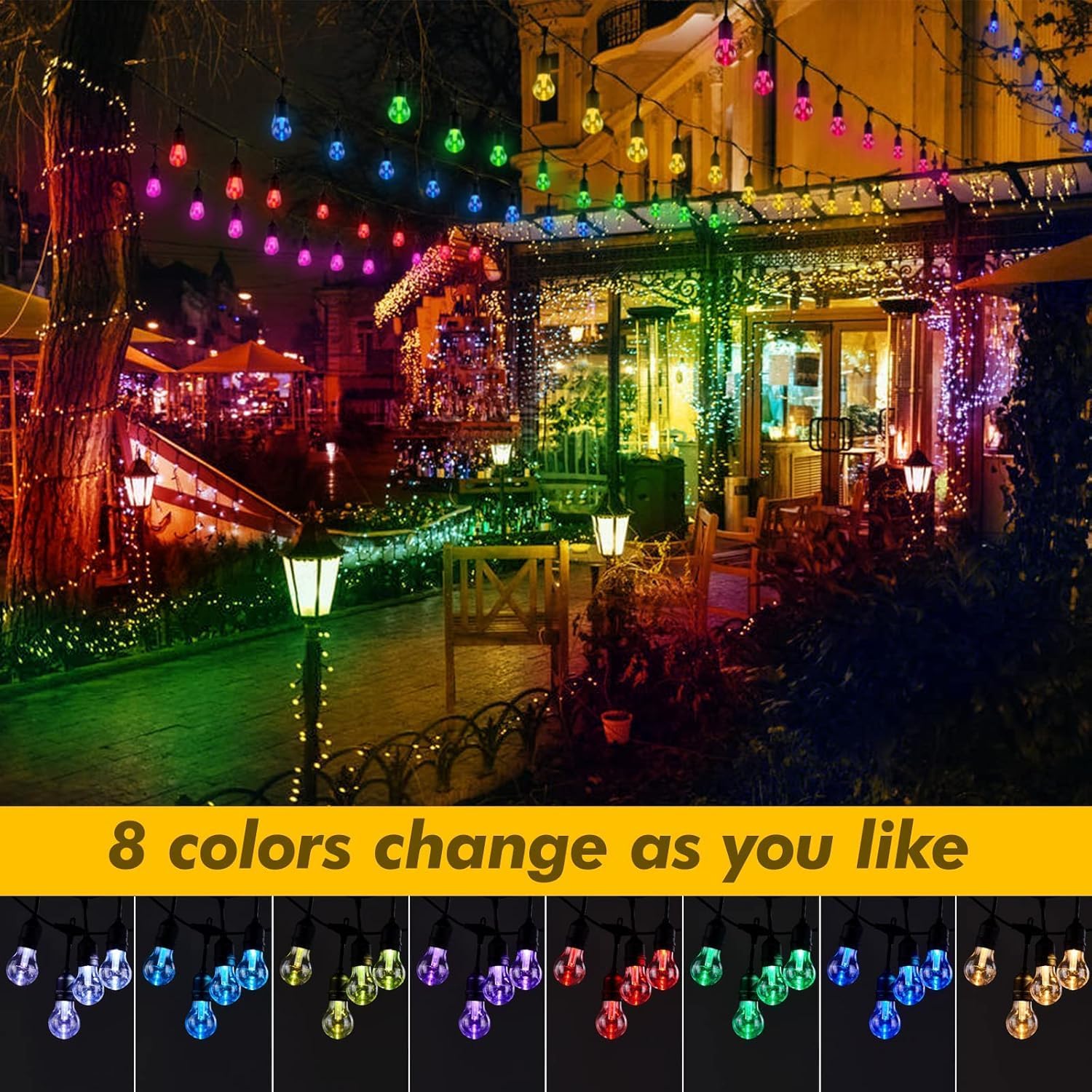 Auroraworld RGB Solar String Lights, 144FT Patio Lights， Commercial String Lights for Garden