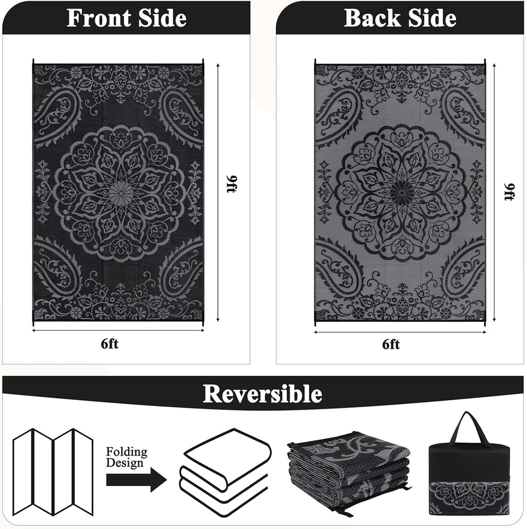 Pauwer Waterproof Outdoor Rug 6x9, Reversible Plastic Straw Patio Camping Rug, Indoor Outdoor RV Mat Carpet for Deck, Camper, Porch, Balcony, Backyard, Picnic, Boho Black Grey