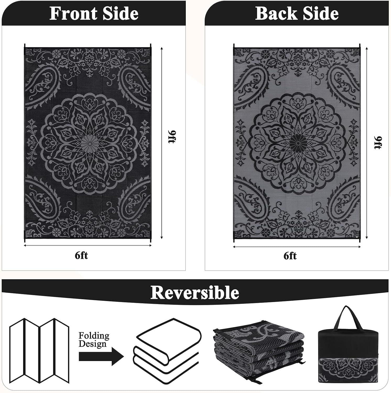 Pauwer Waterproof Outdoor Rug 6x9, Reversible Plastic Straw Patio Camping Rug, Indoor Outdoor RV Mat Carpet for Deck, Camper, Porch, Balcony, Backyard, Picnic, Boho Black Grey