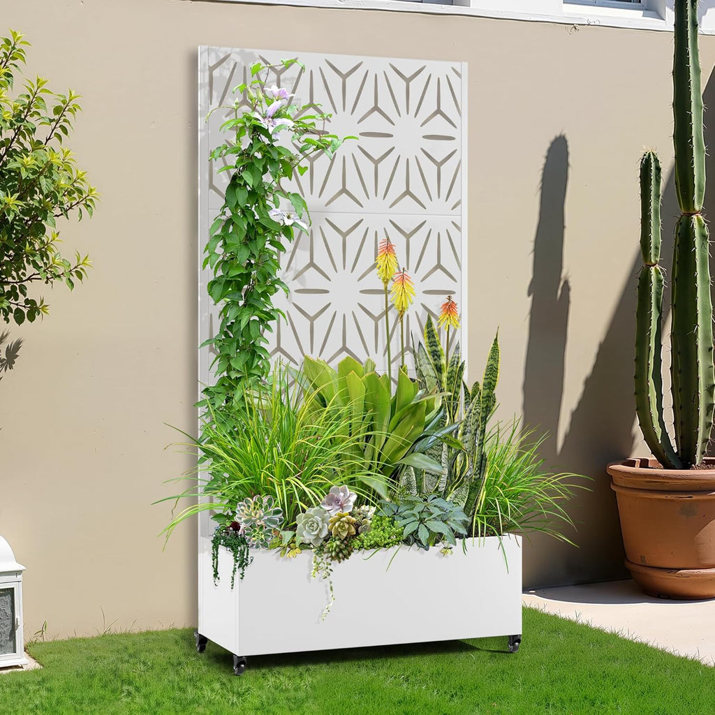 Raised Garden Bed with Trellis and Wheels,73"x35"x16" Metal Raised Garden Bed,White Star Metal Planter with Climbing Trellis for Vines & Vegetables