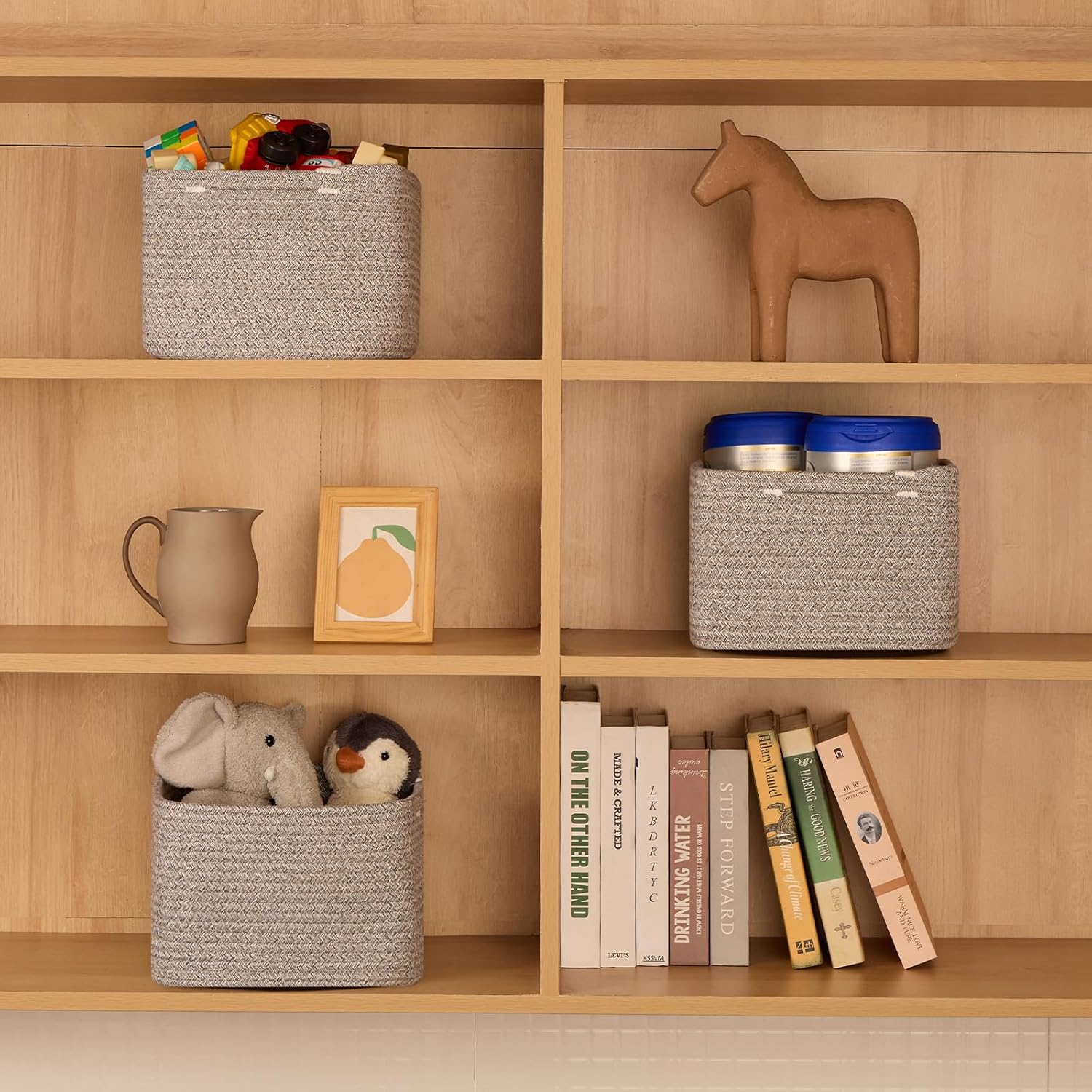 Small Organizing Baskets for Cubes Shelf, 9.7x9.7x7.1 Inch Rope Woven Storage Bins for Nursery Shelves Storage, Cute Toy Basket, Square 3 Packs Mixed Grey