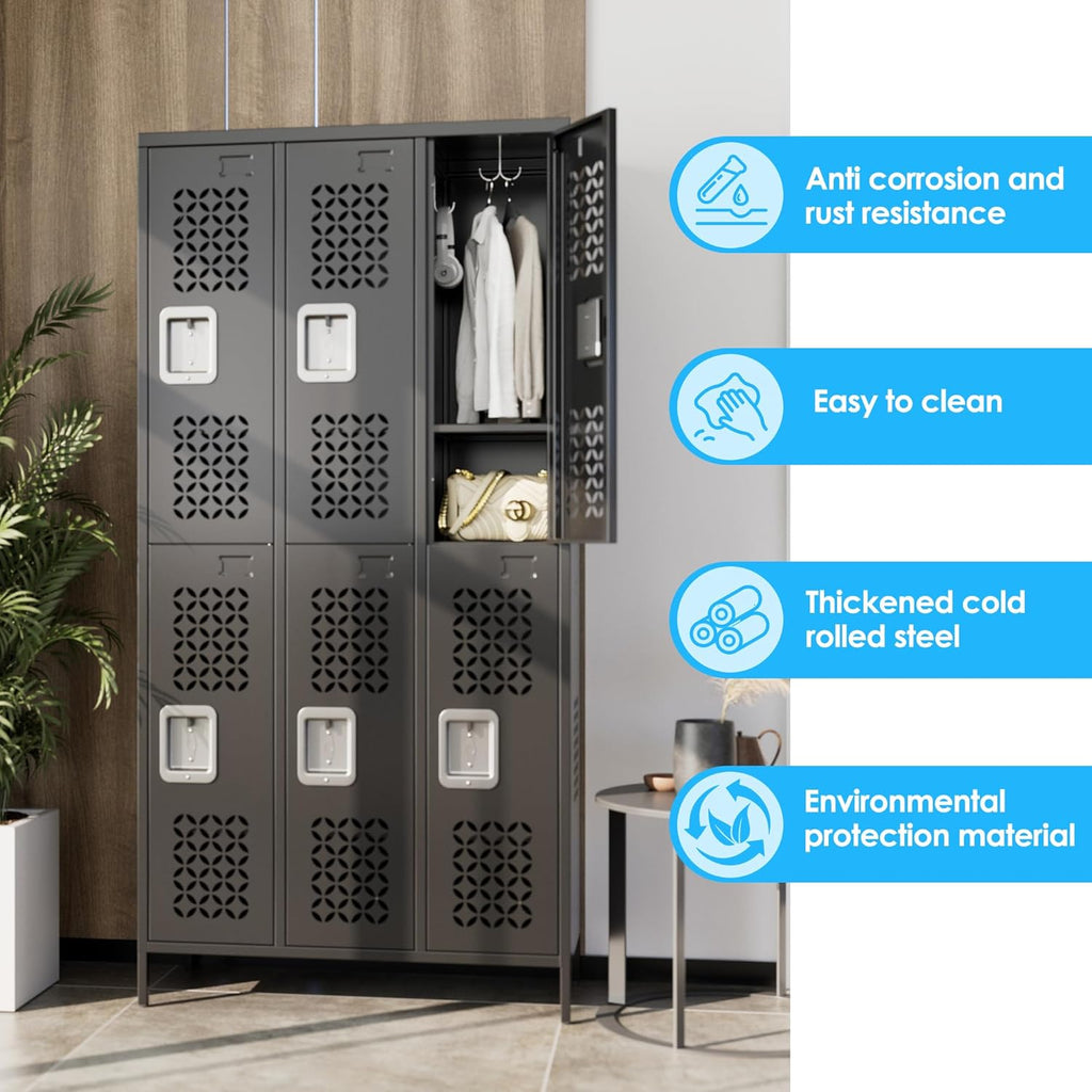 METAN Upgrade Metal Locker for School Office Gym Bedroom,6 Doors Steel Storage Locker Cabinet for Employees,Industrial Storage Locker with 1 Shelves,Assembly Required,Black