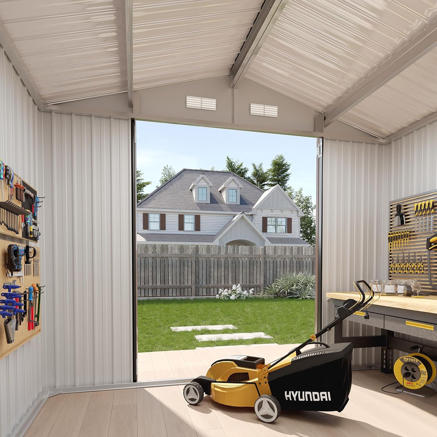 Aoxun 7x5 FT Outdoor Storage Shed Garden Metal Shed with Lockable Door Outdoor Large Shed for Tool, Garbage Can, Bike, Mower, Brown