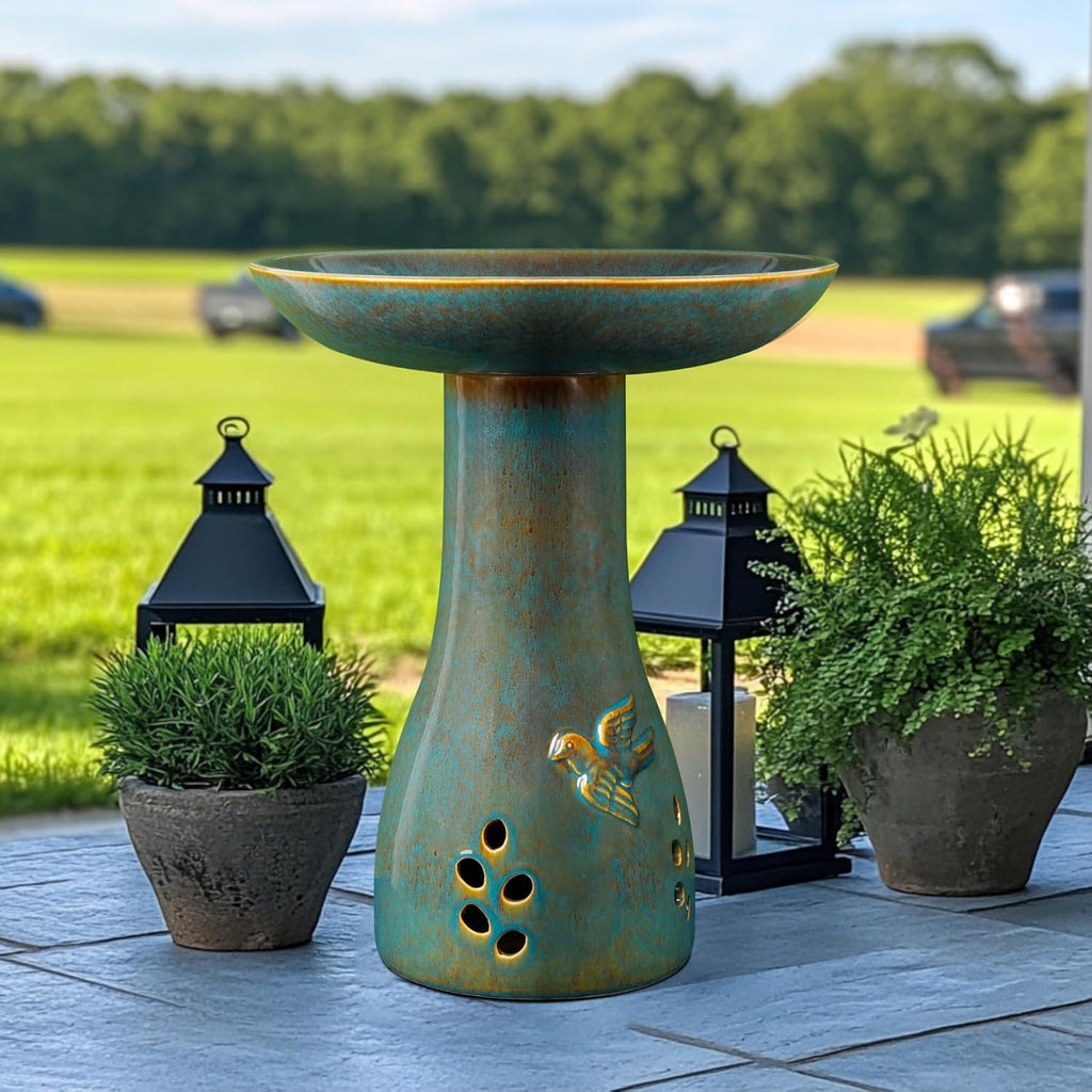 Ceramic Bird Bath for Outdoors, 21.5 inch Heavy Duty Bird Bath，Weather-Resistant Birdbath for Outdoor Garden Use, Attracts Birds, Elegant Yard Décor - Blue