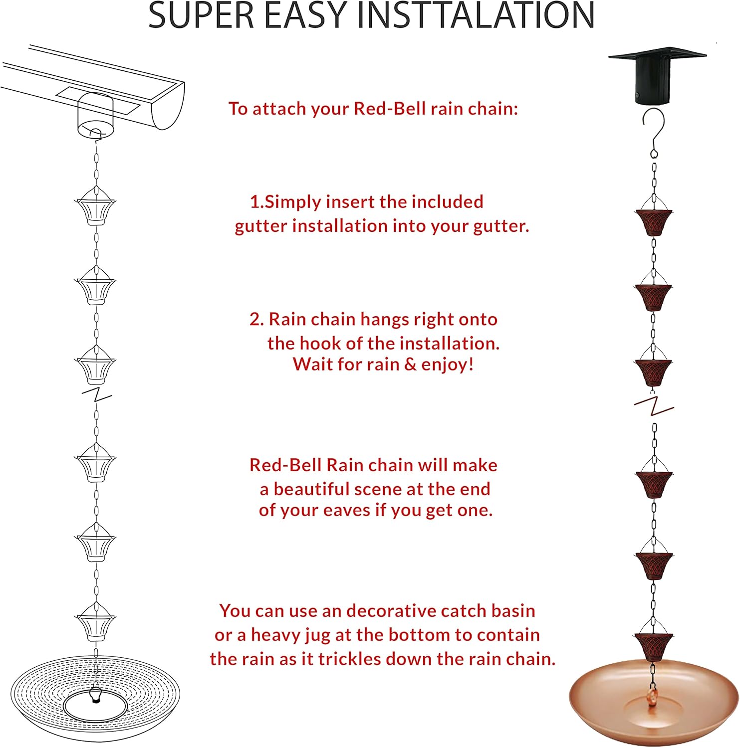 8.5FT Bell Iron Rain Chains for Gutter and Rain Barrel, Rust-Resistant Plated Garden Décor for Downspout, Bonus Rain Chain Gutter Adapter (Antique-Red)