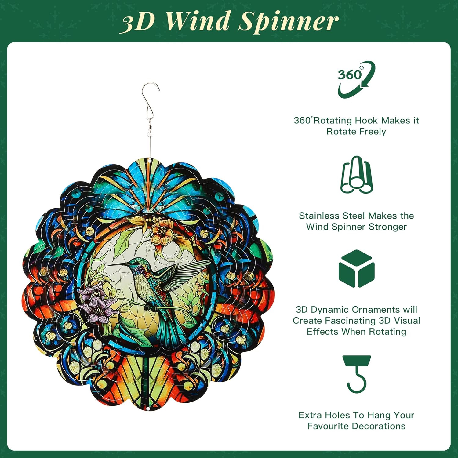 Hummingbird Outdoor Wind Spinners Decorations, Birthday Gifts for Women Mom Wife Grandma, 12 inch 3D Wind Sculptures for Indoor/Outdoor Decor, Yard Art, Garden Decorations