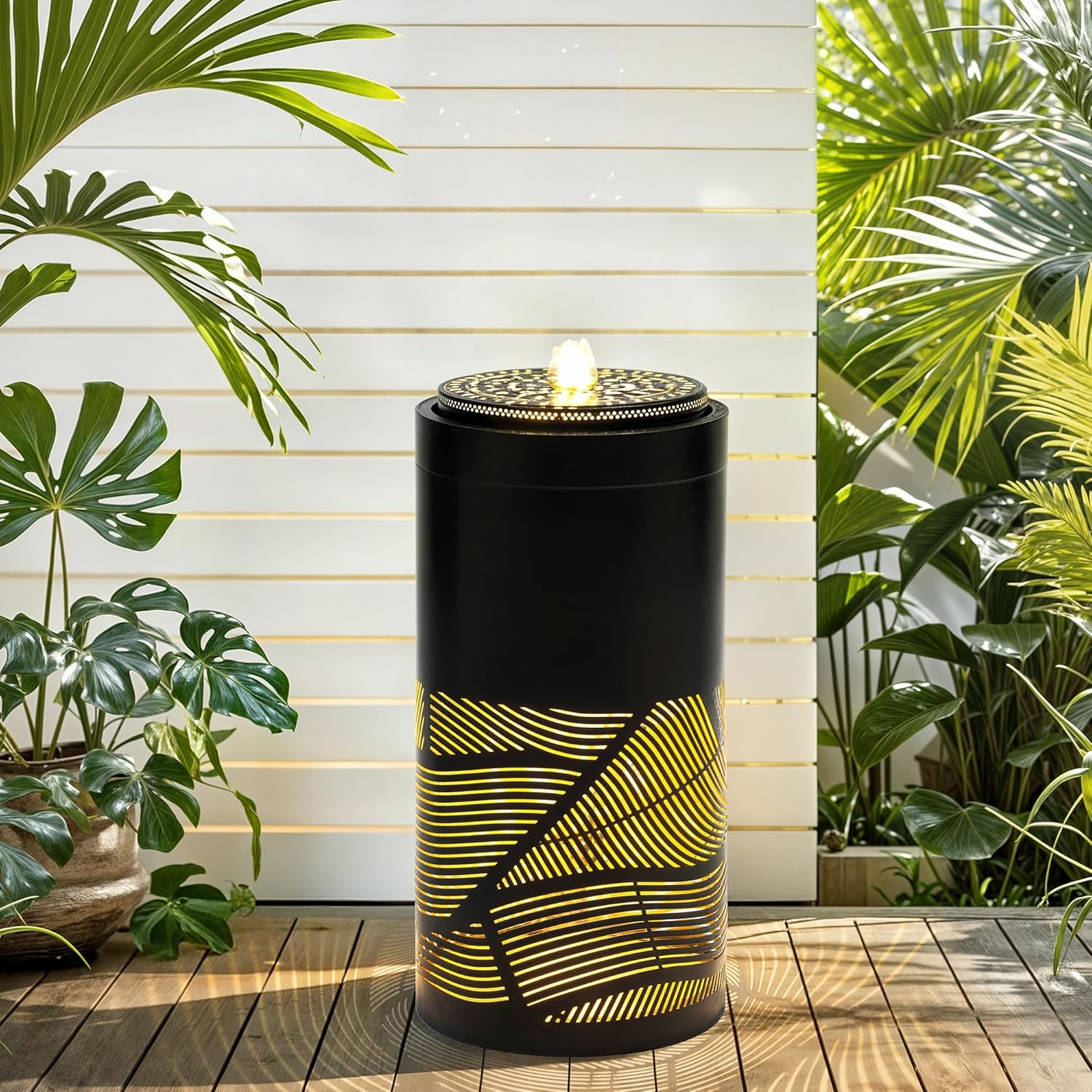 23.6 Inch Modern Outdoor Water Fountain with LED Lights - Black Geometric Bird Bath Garden Fountain for Patio, Yard, Porch Decor - Soothing Waterfall for Relaxing Ambiance