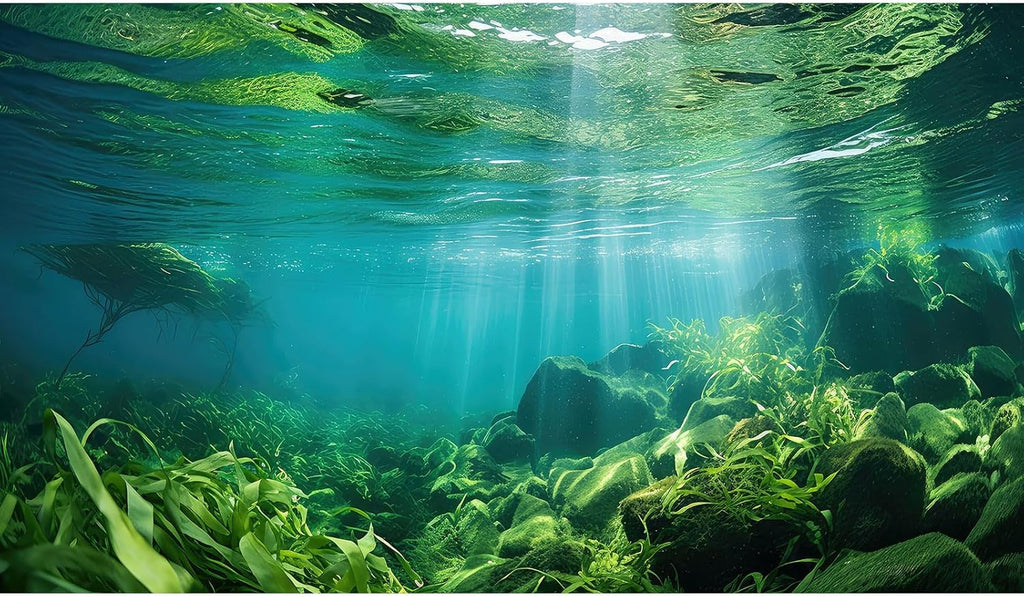Under The Sea Fish Tank Background Aquatic Plants Deep Sea Aquarium Background Underwater Sunray Rock with Moss Terrarium Backgrounds Deep Ocean Floor Tropical Fish Tank Backgrounds 72x24in