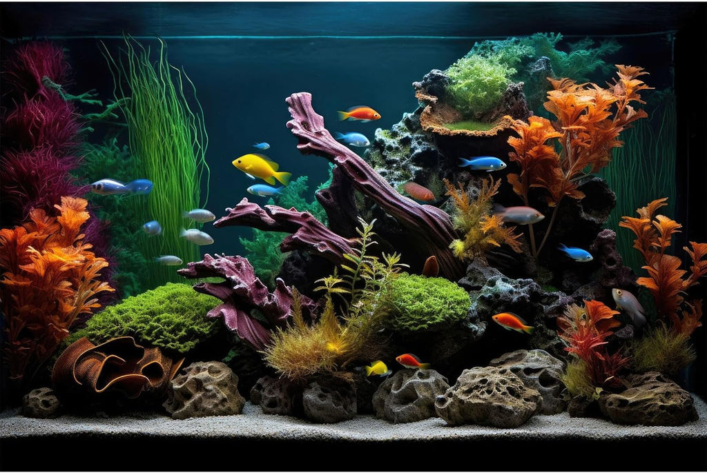 Aquarium Background Lush Aquatic Colorful Plants Terrarium Background Redwood Root Coral Reef Jungle Style Fish Tank Background Amazing Underwater View Aquarium Backdrop Wallpaper Poster Vinyl 24x12in