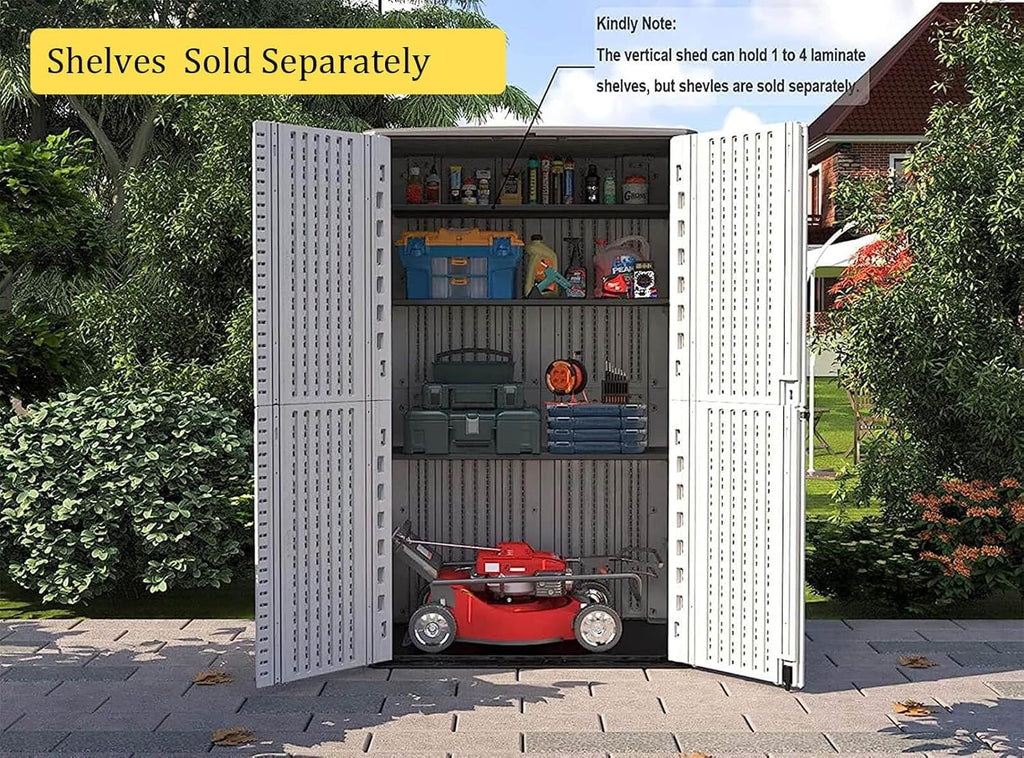 HOMSPARK Storage Shed Weather Resistance, Multi-Purpose Outdoor Storage Cabinet Waterproof, Outdoor Storage Cabinet for Garbage Cans, Lawnmower, Garden Accessories (White, Tall shed-53 cu ft)