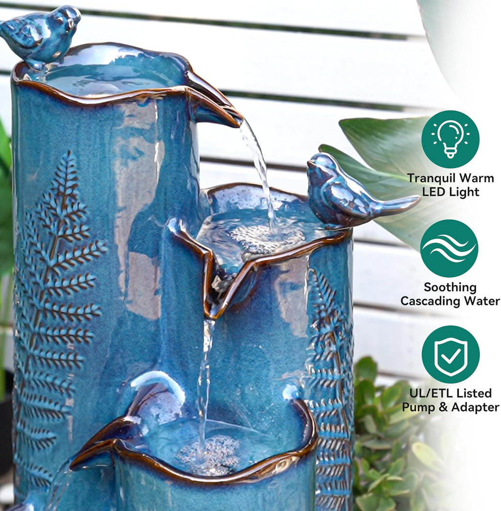 32 Outdoor Water Fountain, Unique Vase Ceramic Fountain withs Lights, 4-Tier Waterfalls with Birds, Tranquil Oasis for Garden Patio Yard Deck Balcony Decor, Tropical Fern, AquavTurquoise