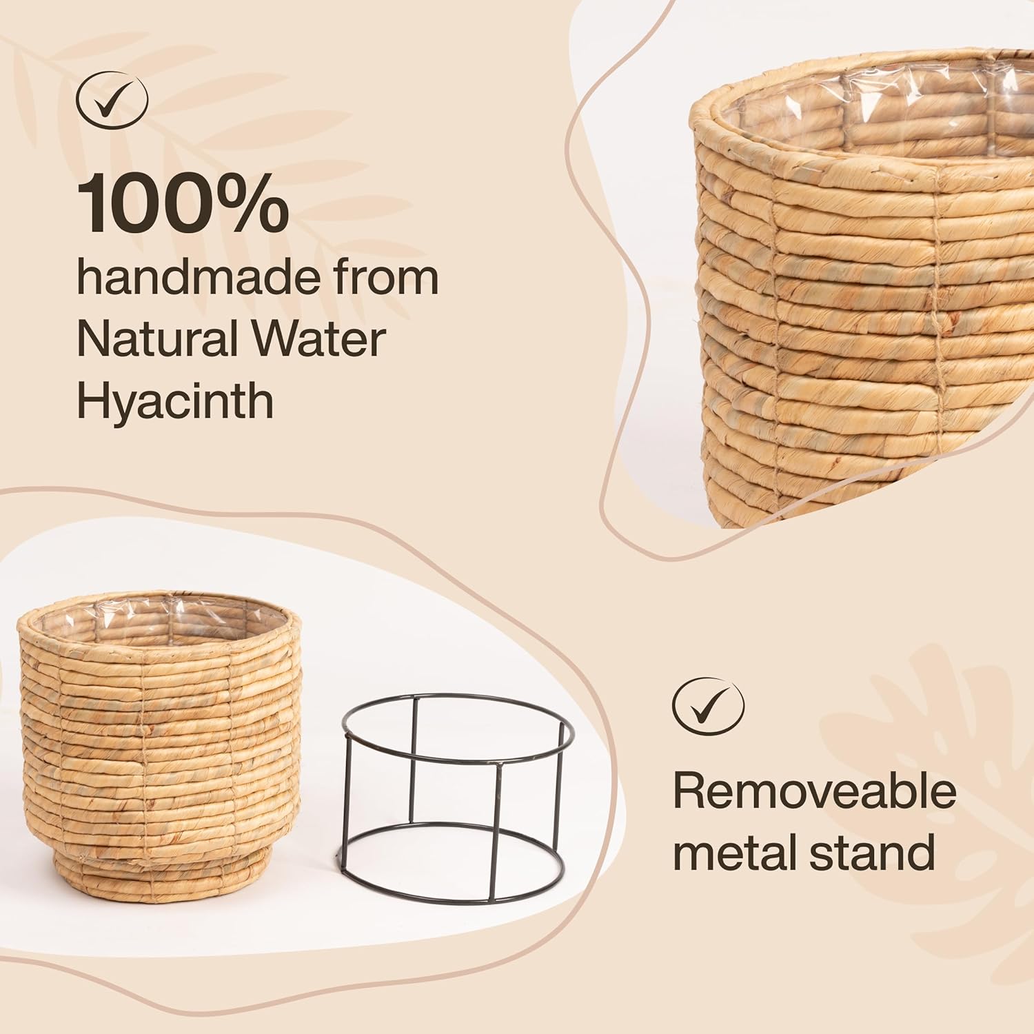 Set of 2 Water Hyacinth Planter Pot with Metal Stand - Indoor Flower, Succulent & Basket Planter - Decorative Braided Pot Cover