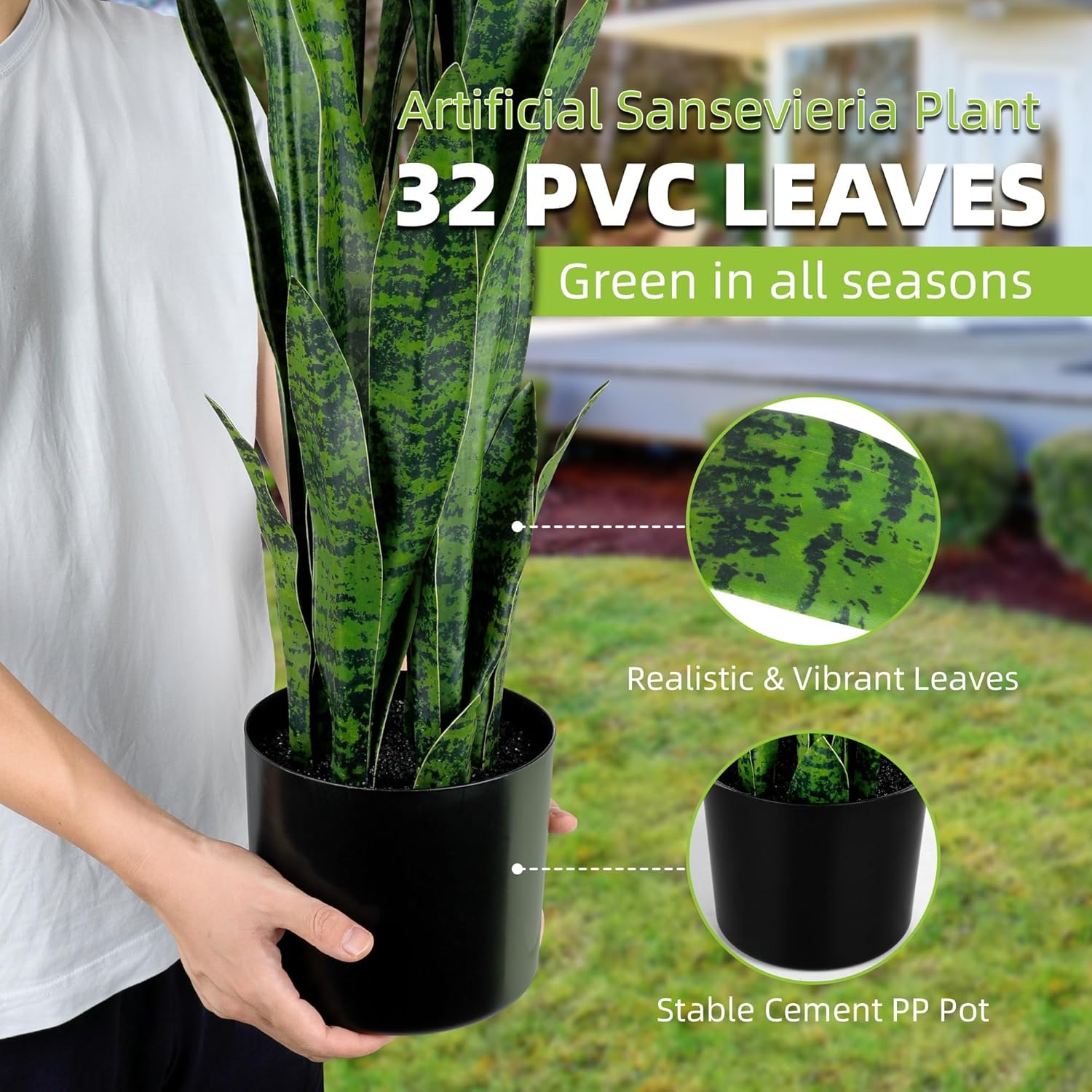 KOL 3ft 2-Pack Artificial Snake Plant - 32 Thick Lifelike Leaves, Faux Silk Sansevieria for Indoor Home & Garden Decor, 35in Potted Fake Mother-in-Law's Tongue Plants, Green