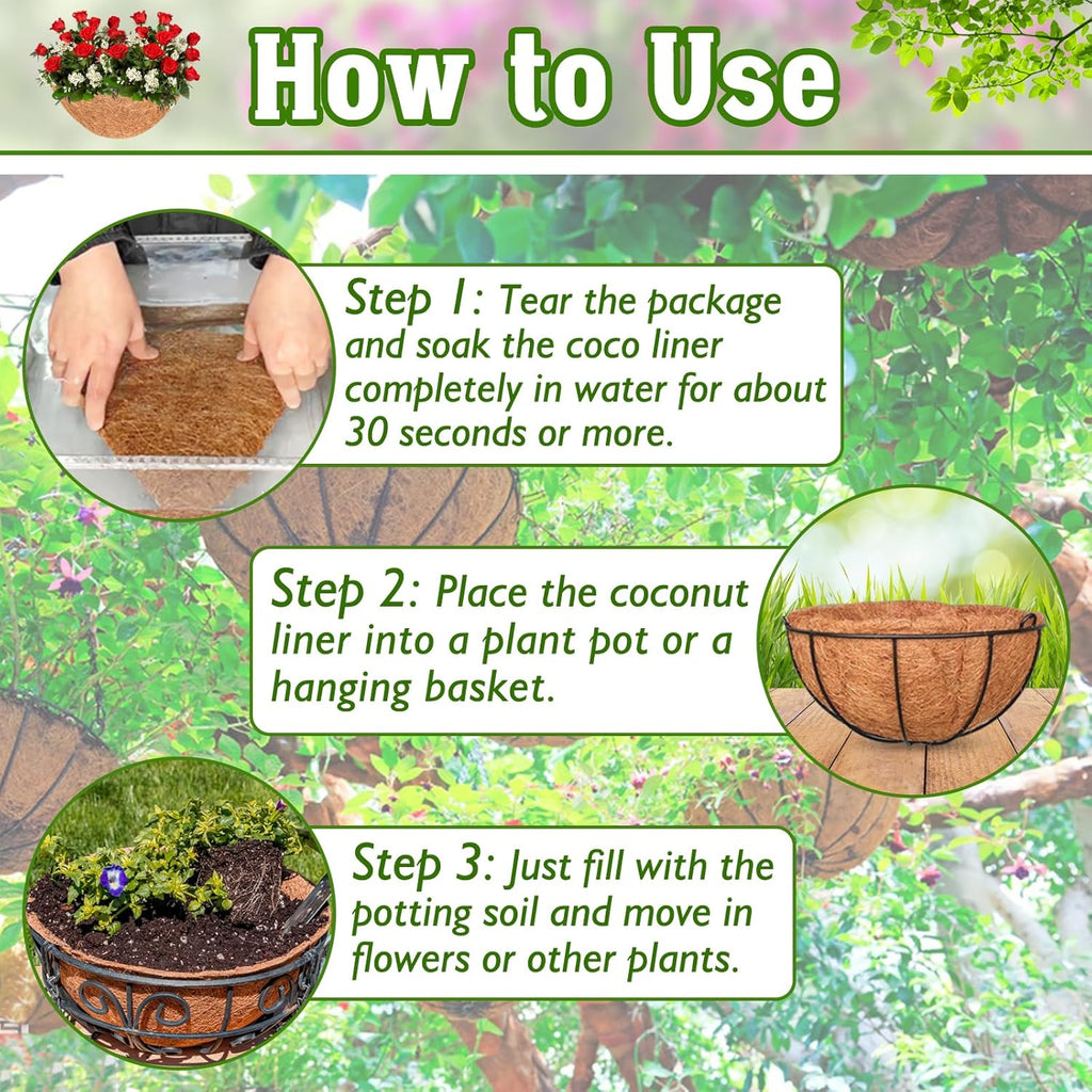 Halatool 4 PCS 14 Inch Coconut Liners for Planters Round Hanging Basket Liners 100% Natural Replacement Coconut Fiber Liner for Garden Flower Pot Vegetables Herbs