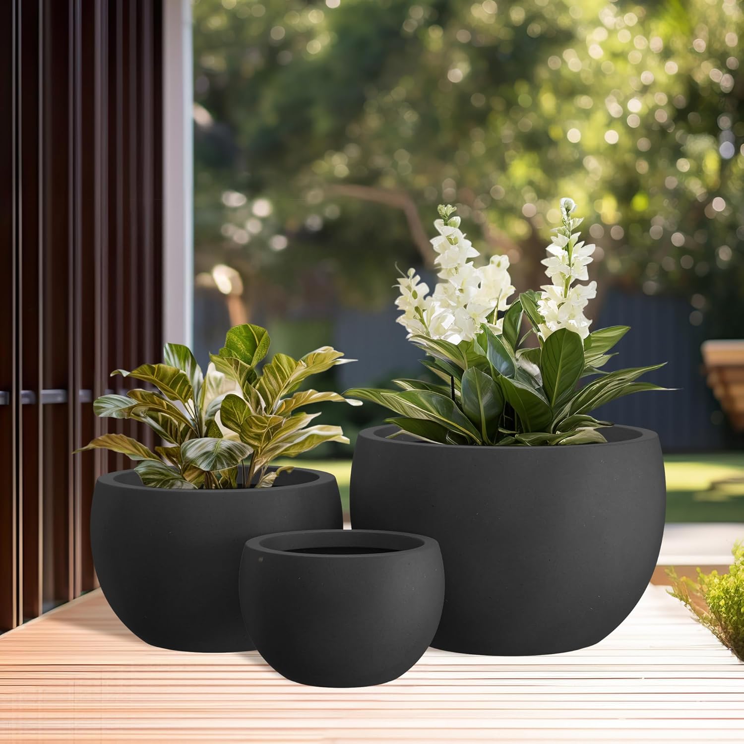 Kante 19.9",15.7",11.8" Dia Round Concrete Planter Set of 3, Outdoor/Indoor Large Bowl Plant Pots with Drainage Hole and Rubber Plug for Garden Patio Balcony Home, Black