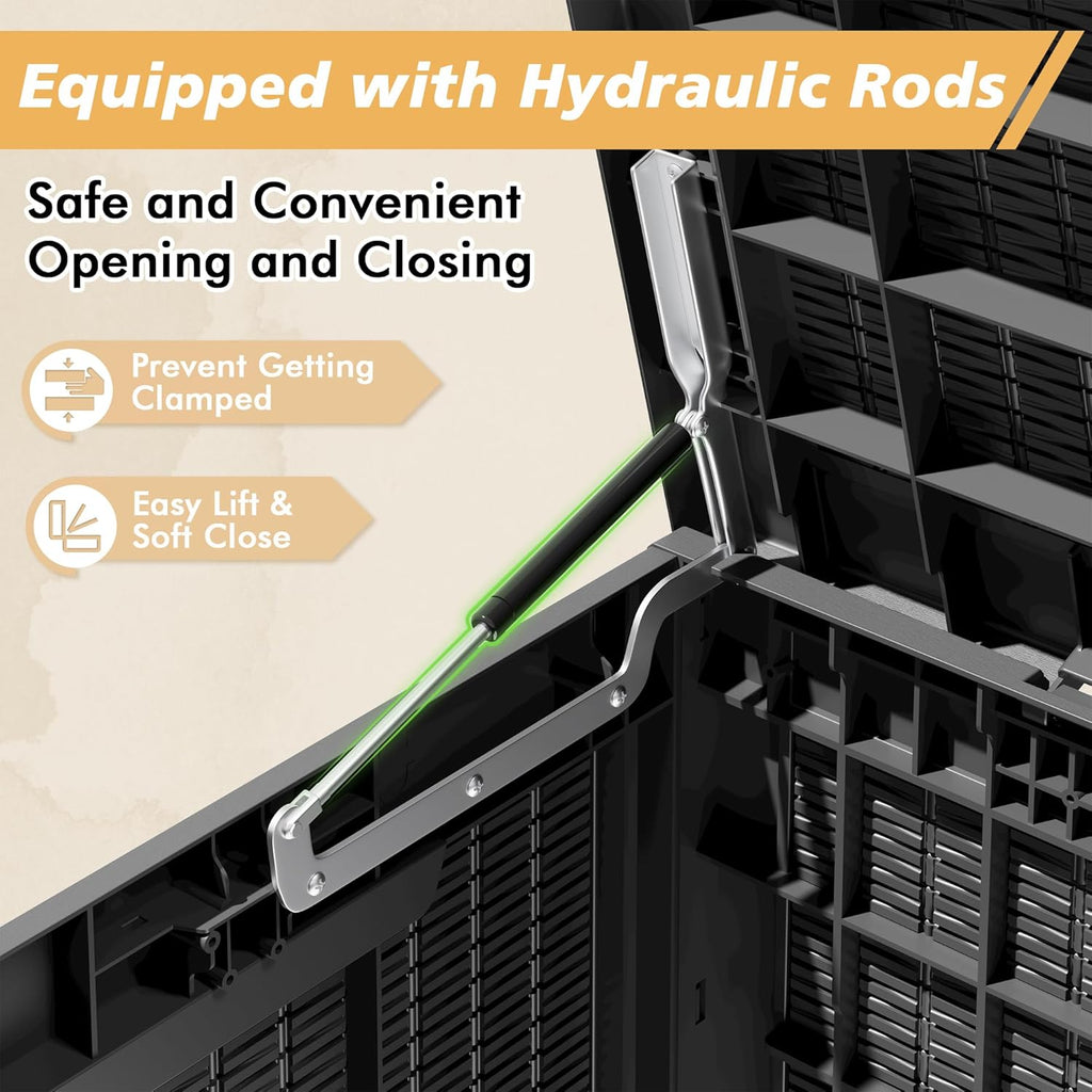 NUNU LAB 102 Gallon Large Waterproof Resin Deck Box, Lockable Outdoor Storage Box with Gas Lift, Patio Cushions, Garden Tools, Pool Supplies, Indoor Outdoor Storage Container, Black