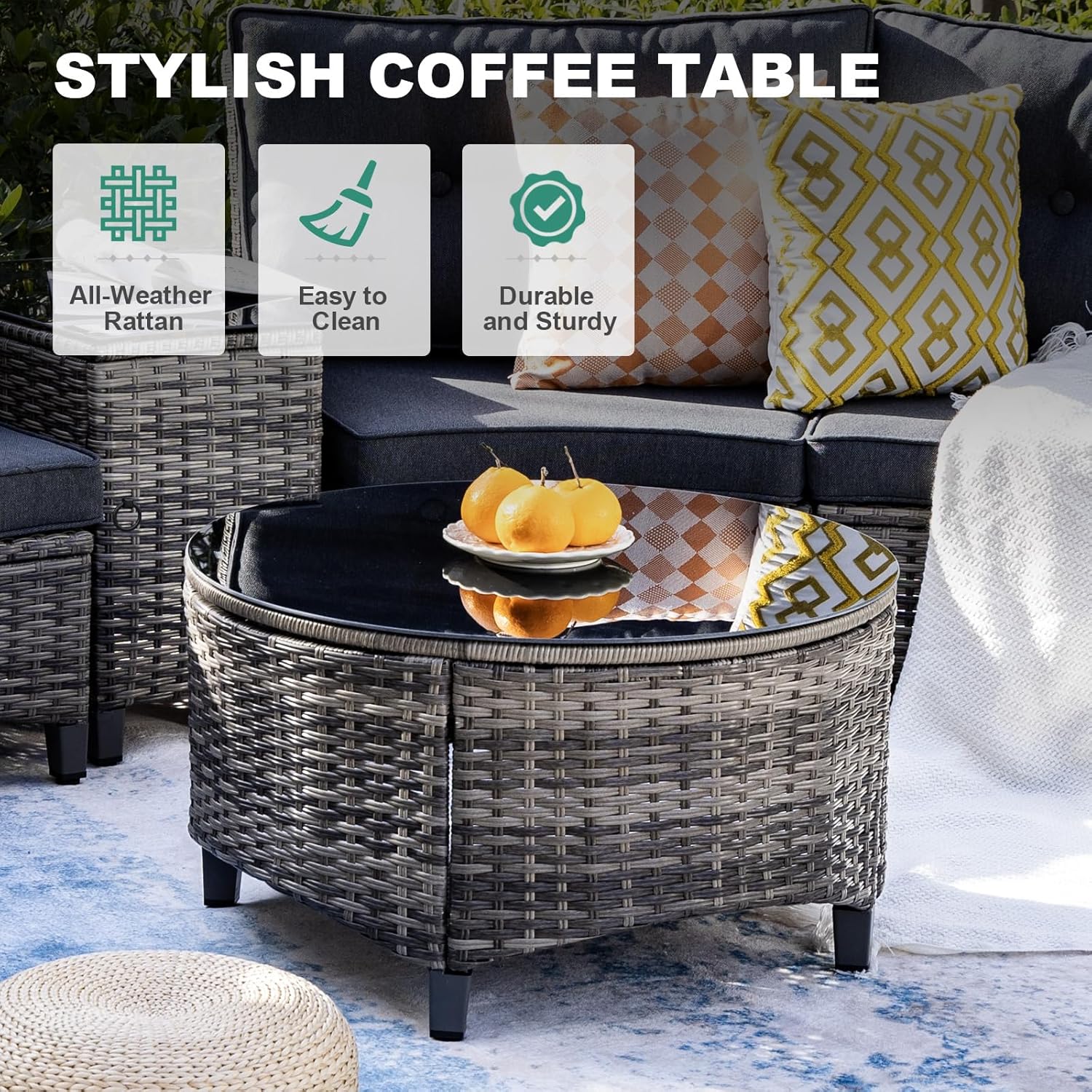 11 Piece Outdoor Patio Furniture Set, Half-Moon Curved Sectional Sofa Rattan Conversation Set with Wood Armrests, Coffee Table & 2 Side Table（Grey）