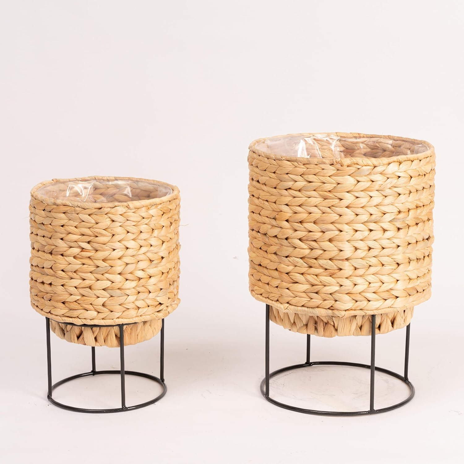 Set of 2 Water Hyacinth Planter Pot with Metal Stand - Indoor Plant, Flower, Succulent, Basket Planter, Decorative Pot Cover (Classic)