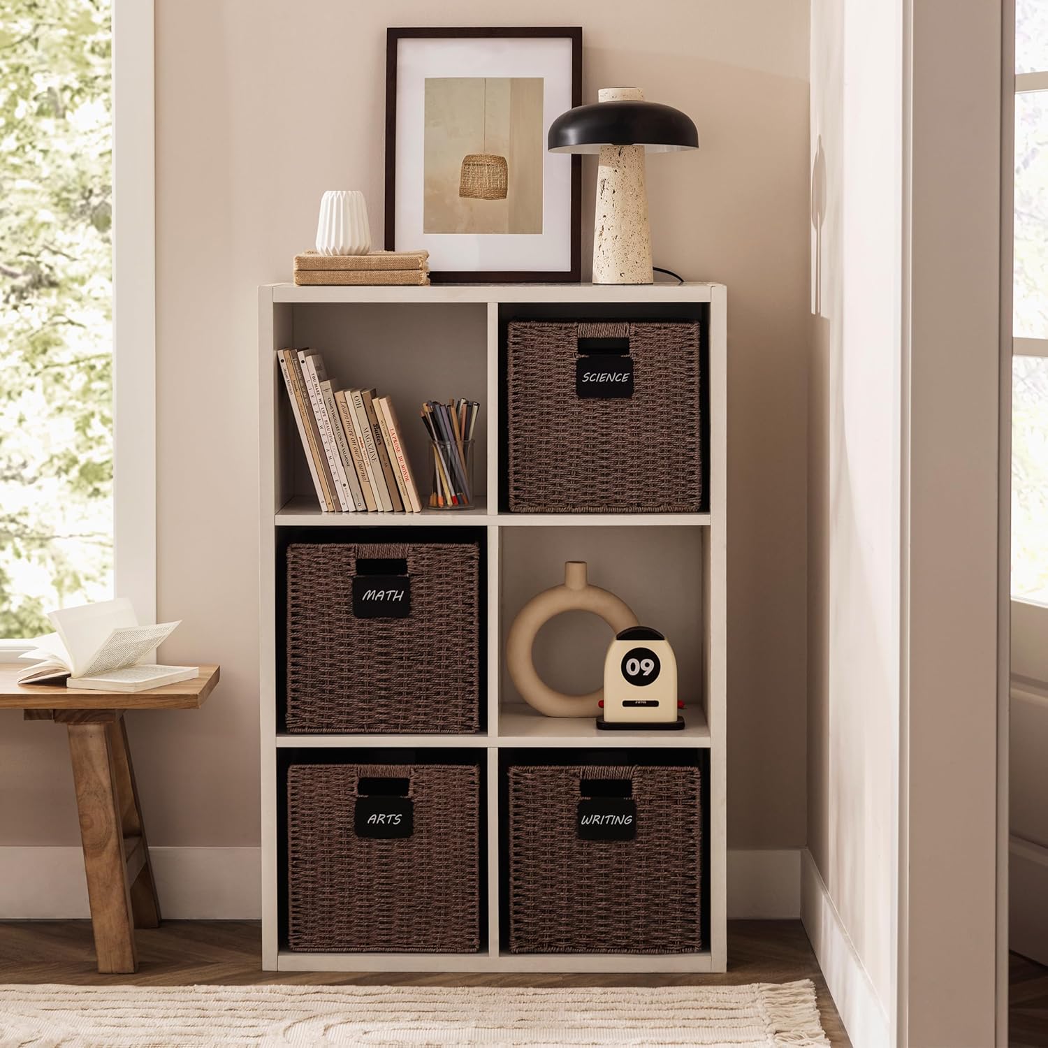 UBBCARE 4 Pack Wicker Basket, 10.5×10.5 Storage Cubes with Label, Foldable Cube Storage Bin with Handle, Square Storage Basket for Shelves, Woven Paper Rope Basket for Organizing, Brown