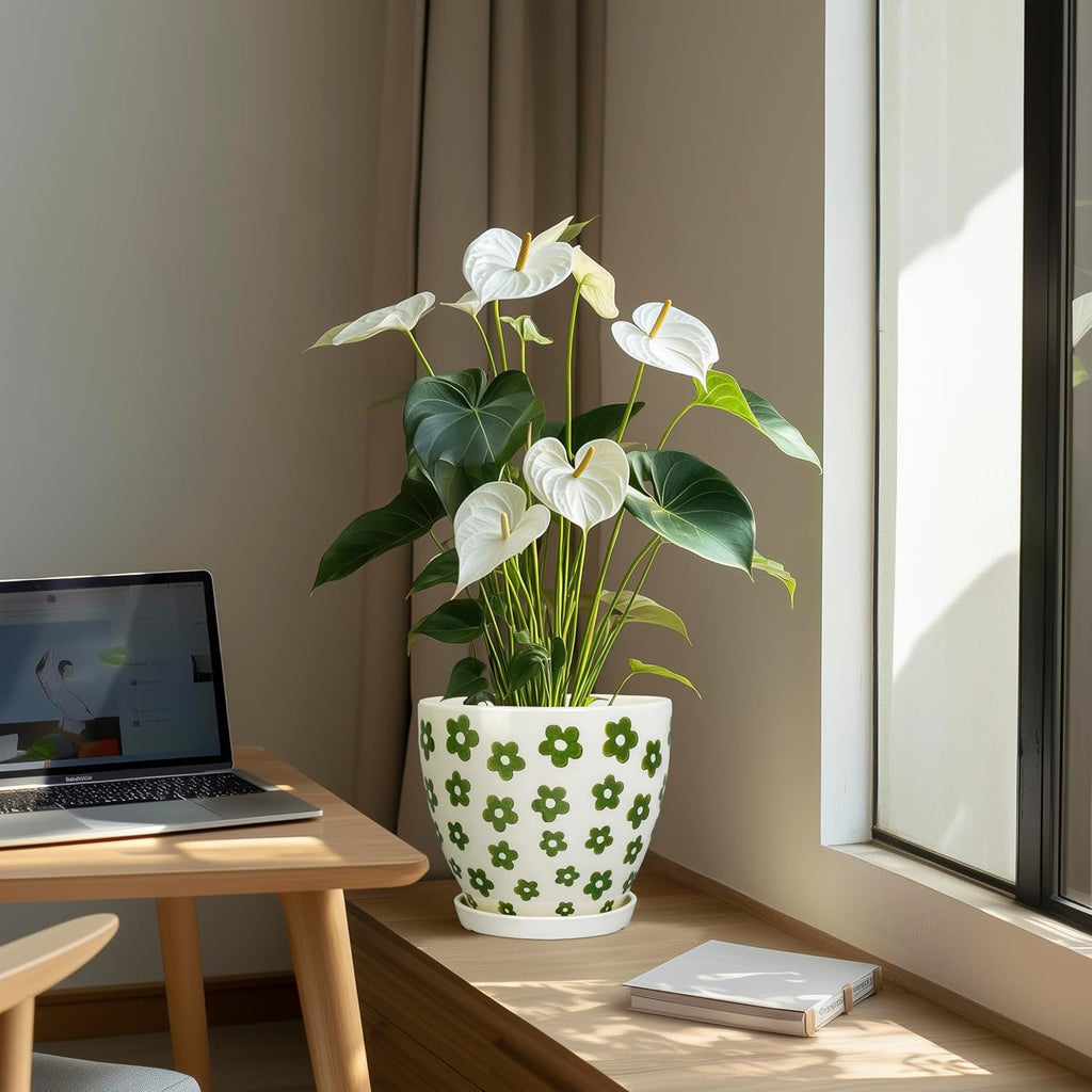 8.2 Inch Plant Pot - Ceramic Flower Pot Indoor with Drainage Hole and Saucer, Boho Round Decorative Planter for Indoor Plants, Housewarming Gifts, Office Garden Home Room Decor, White