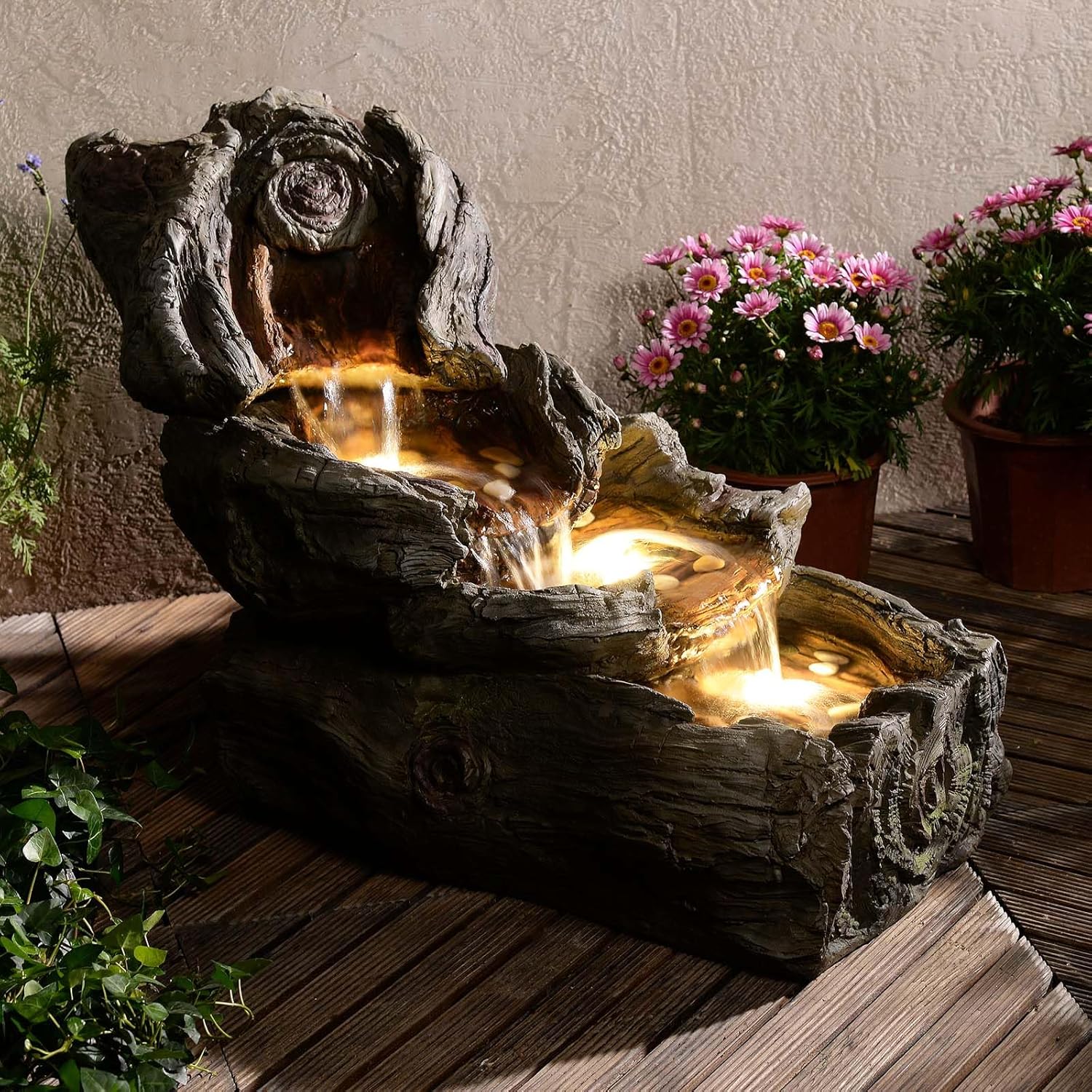 31.5" L Garden Water Fountain Outdoor, Artifical Imitation Wood Outdoor Water Fountain Natural Waterfall with LED Lights for Patio,Porch,Backyard,Home Art Decor（Resin）