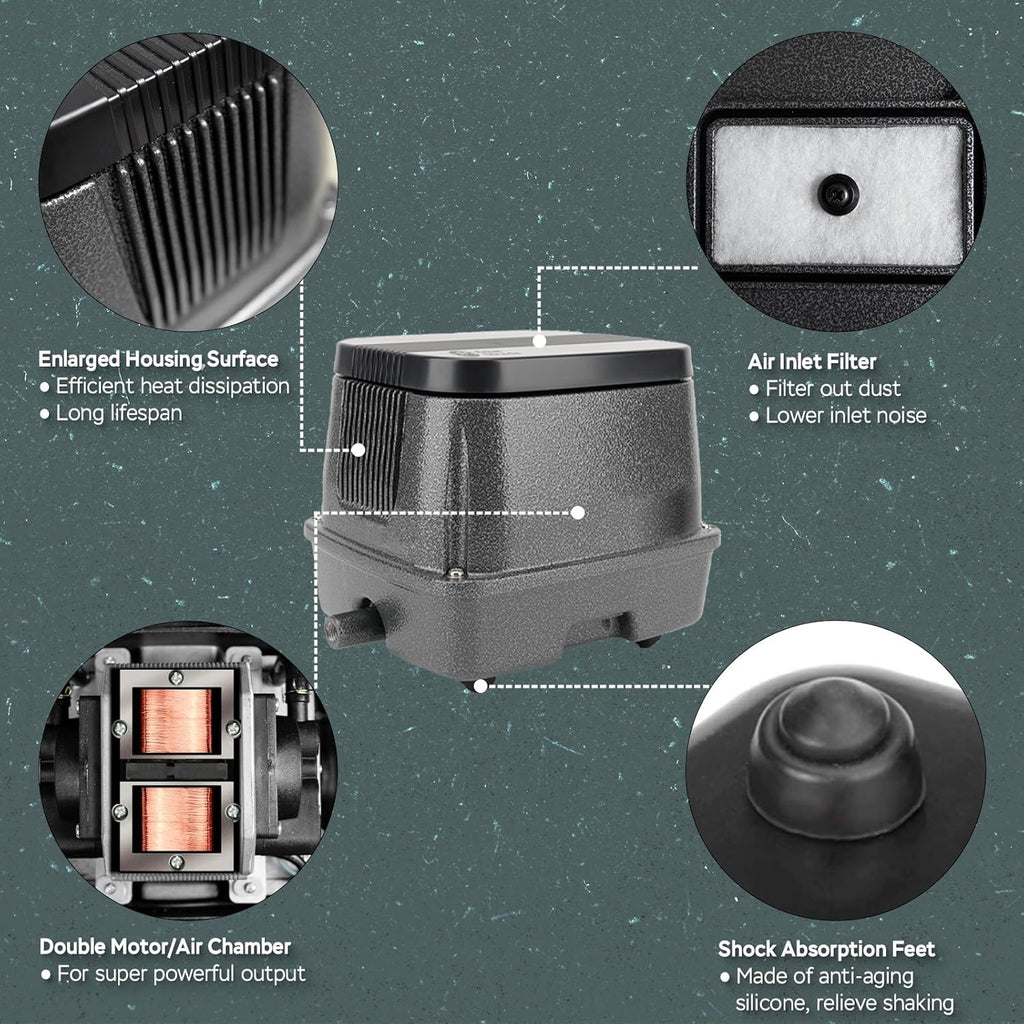 AquaMiracle Linear Air Pump ZP-40/ZP-60/ZP-100/ZP-200 for Pond Aeration, 635/950/1600/4000GPH Septic Air Pump Pond Aerators for Outdoor Ponds, Waste Treatment, Aquarium, Fish Farm, Seafood Restaurant